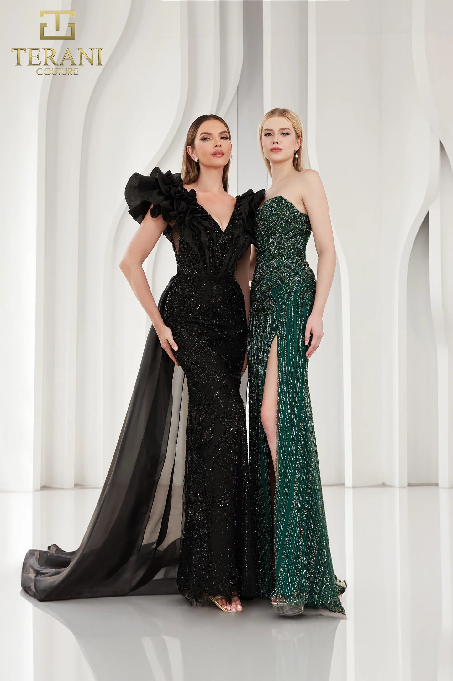 Terani Couture 251GL4357 V-neck Puff Sleeves Beaded Tulle Sheath Pageant Dress