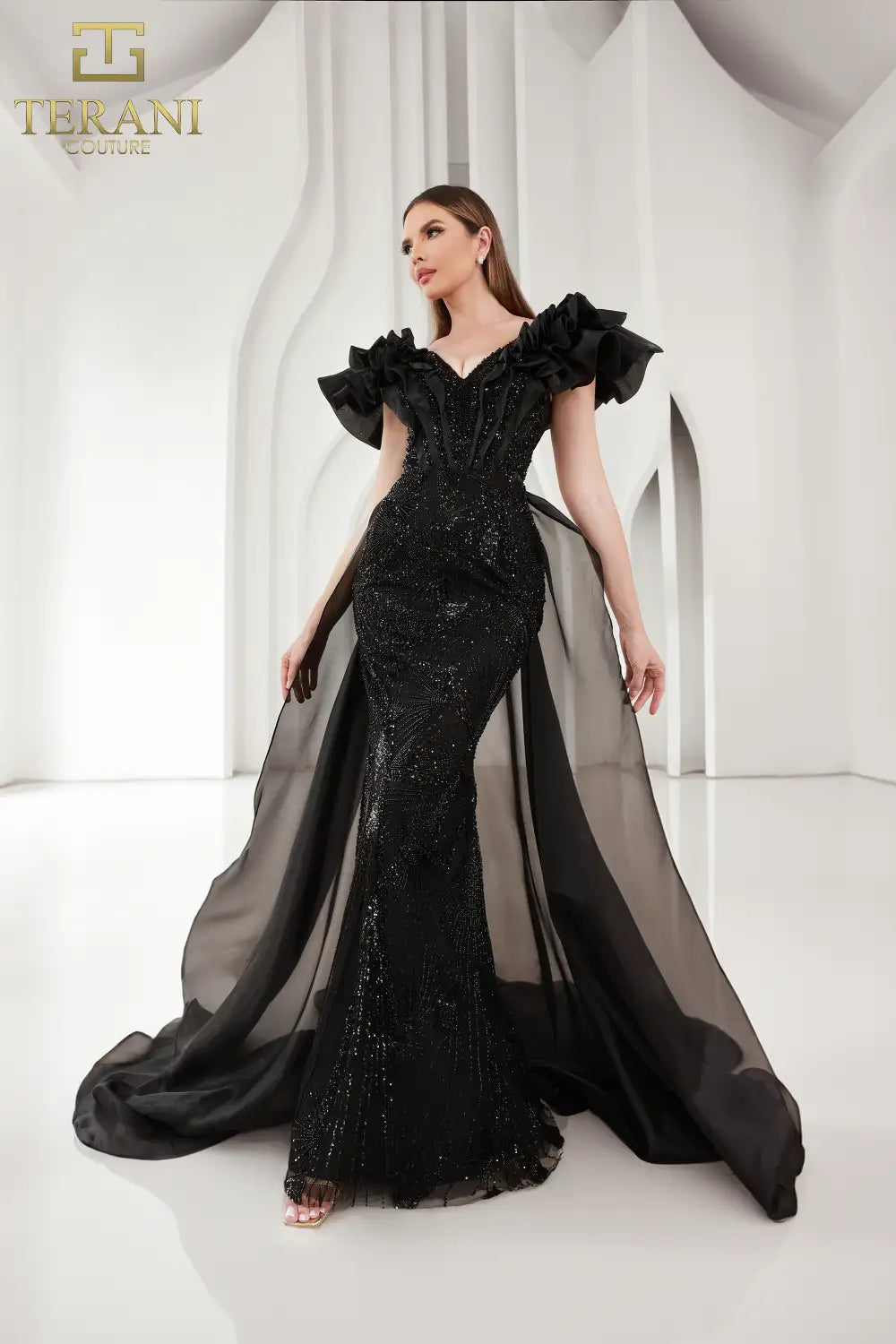 Terani Couture 251GL4357 V-neck Puff Sleeves Beaded Tulle Sheath Pageant Dress