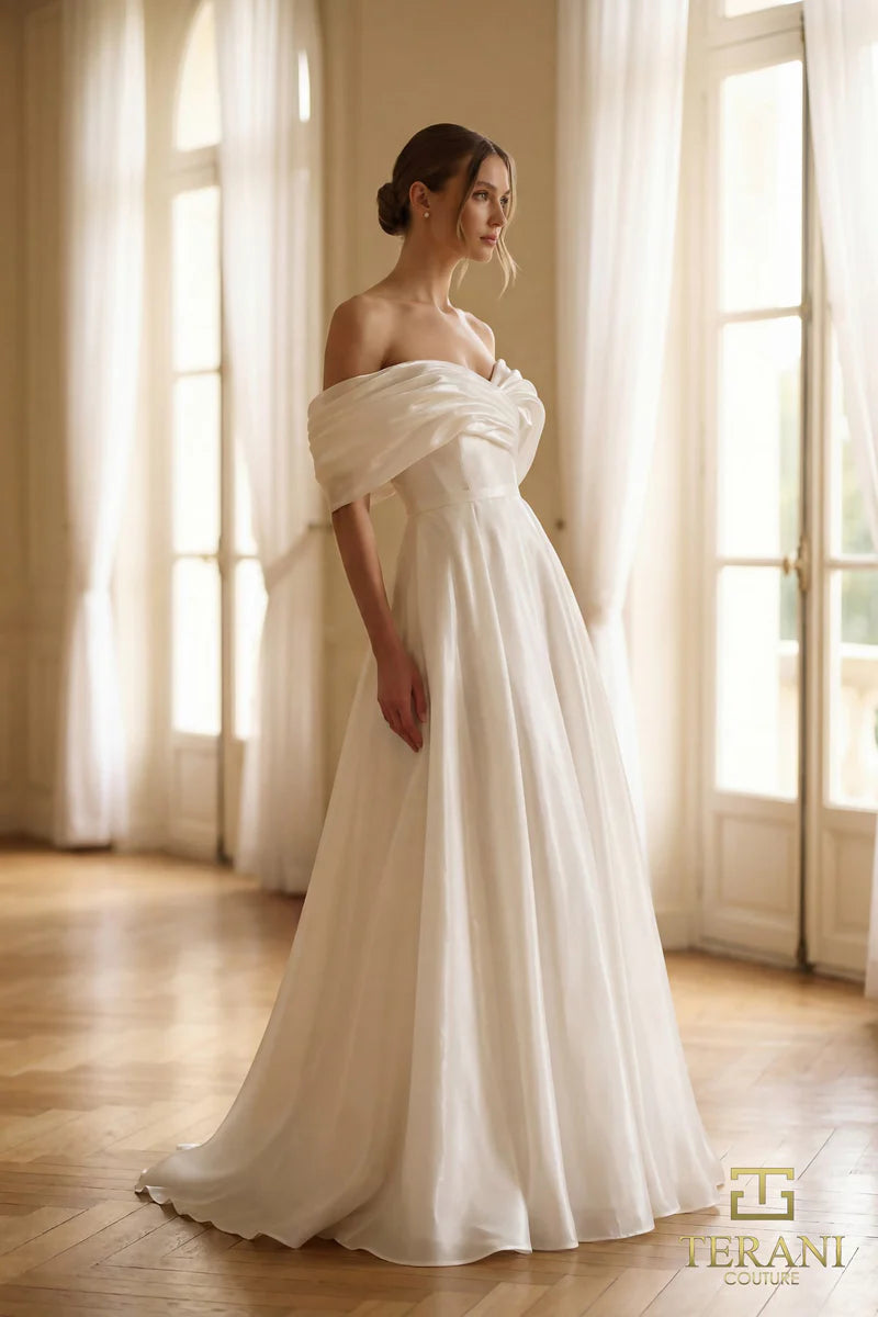 Terani Couture 251M4044-S Ivory Off-the-Shoulder Shimmer Organza A-Line Gown with Front Slit