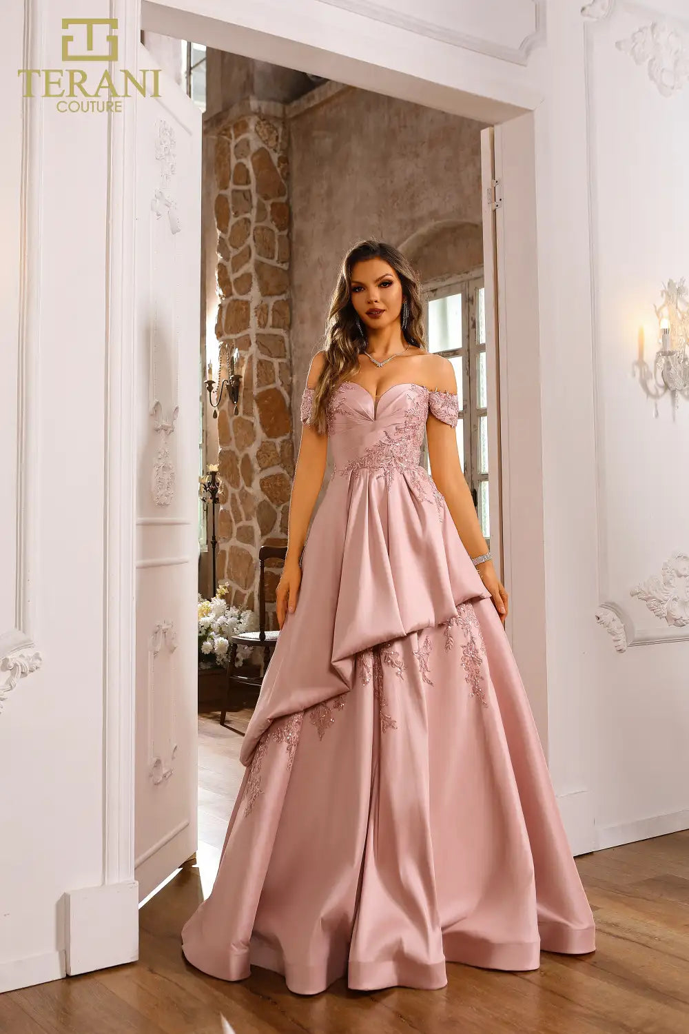 Terani Couture 251M4062 Satin Off The Shoulder Blush Ballgown