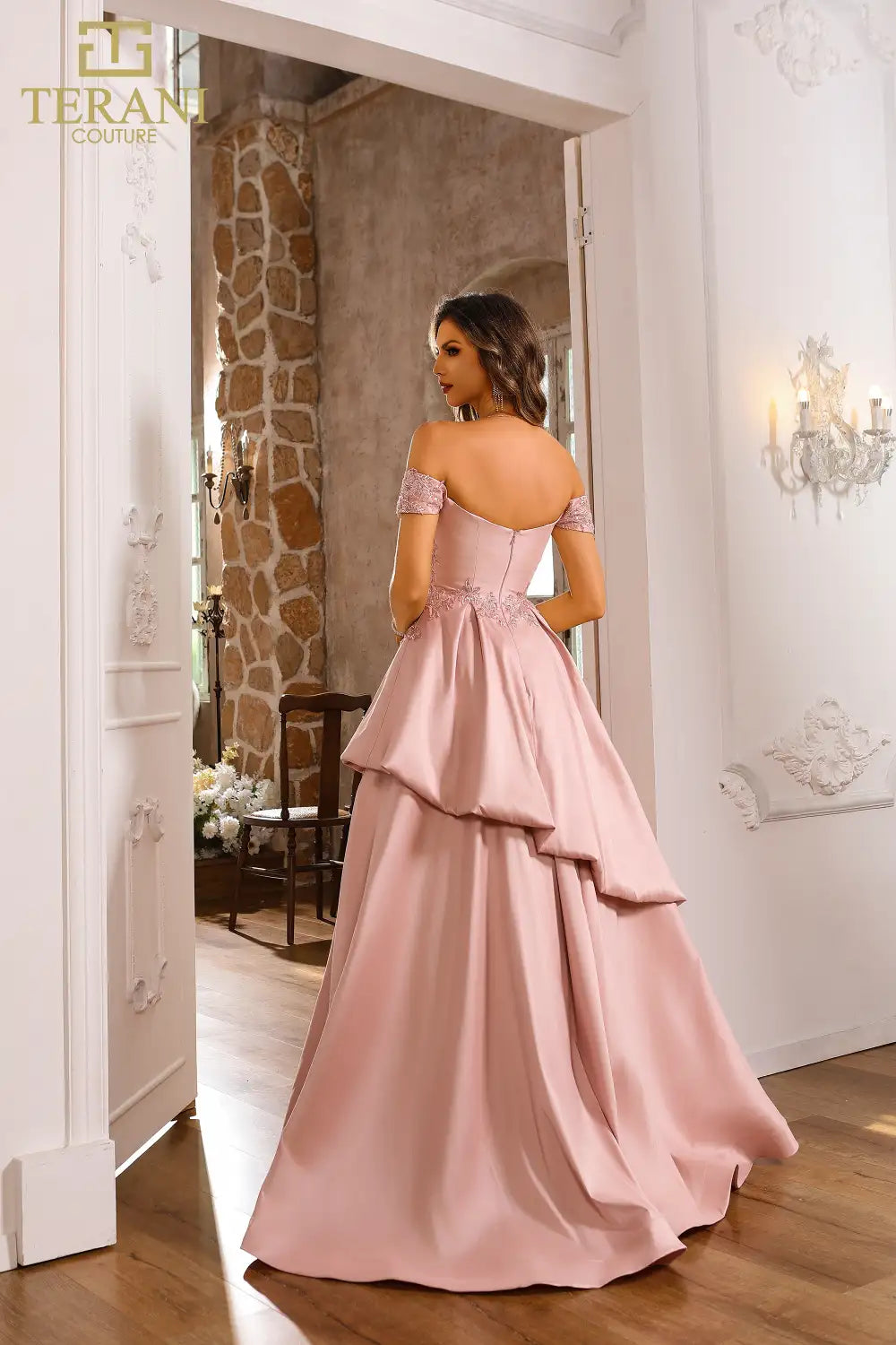 Terani Couture 251M4062 Satin Off The Shoulder Blush Ballgown