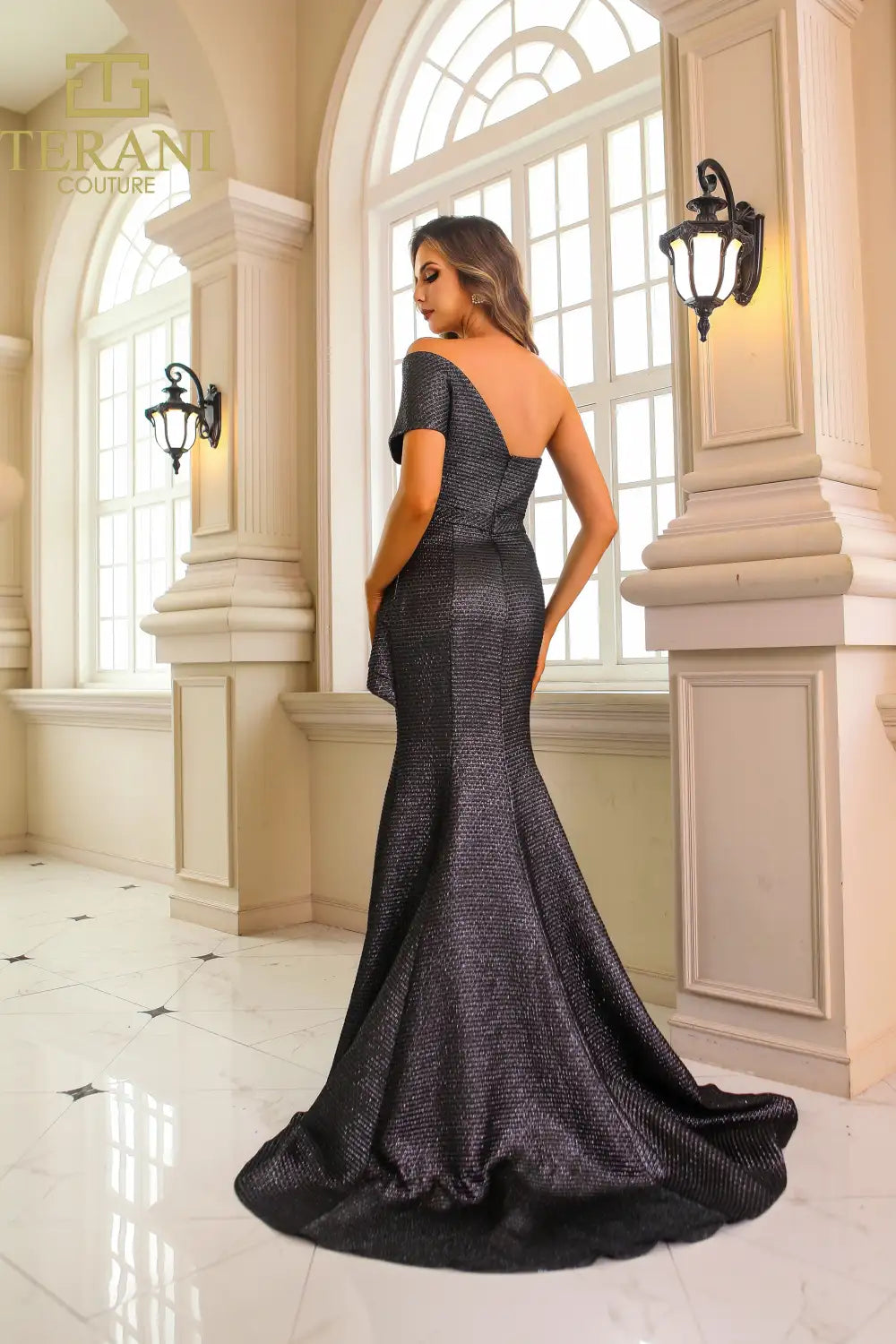 Terani Couture 251M4401 Asymmetric One Shoulder Jacquard Trumpet Dress