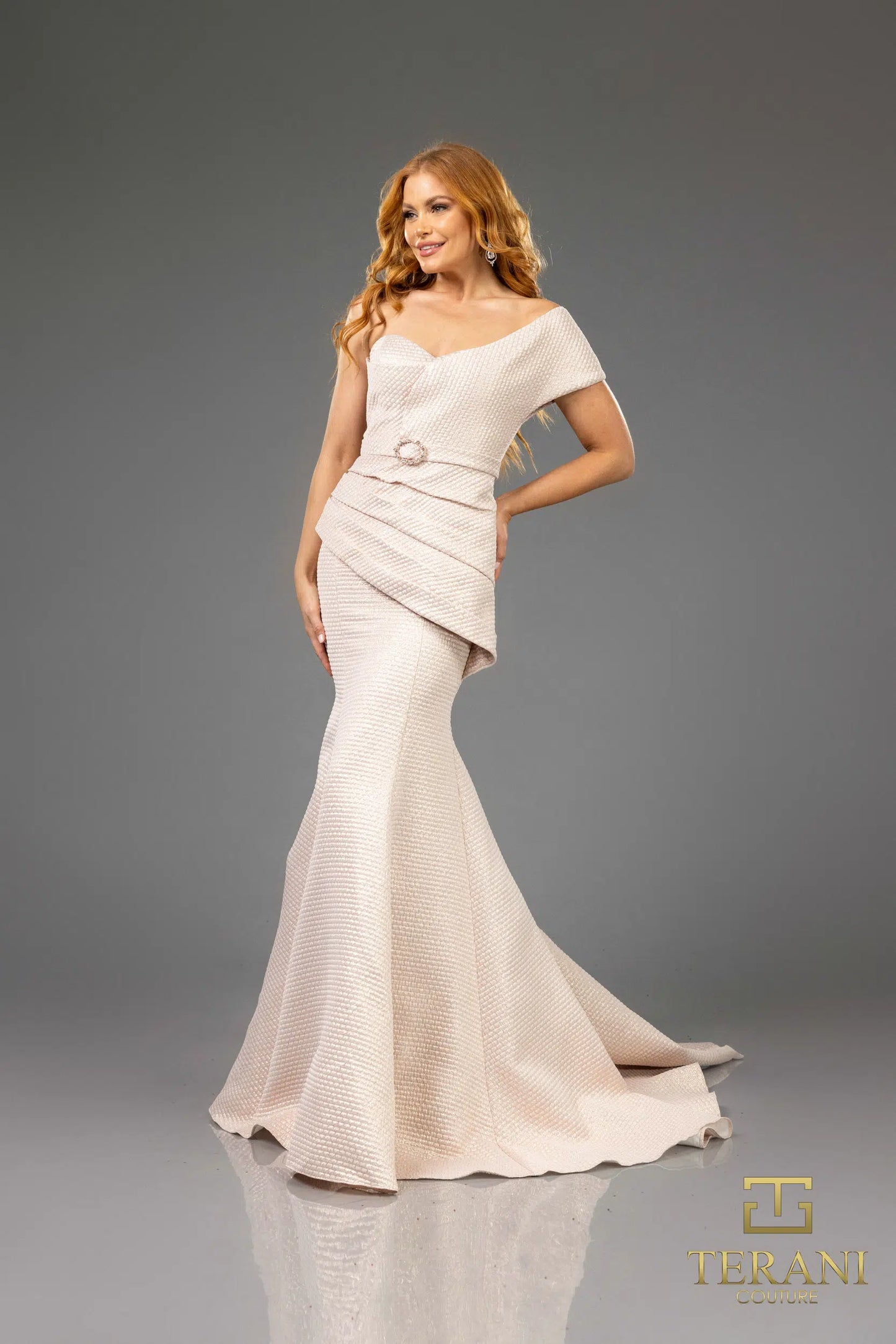 Terani Couture 251M4401 Asymmetric One Shoulder Jacquard Trumpet Dress