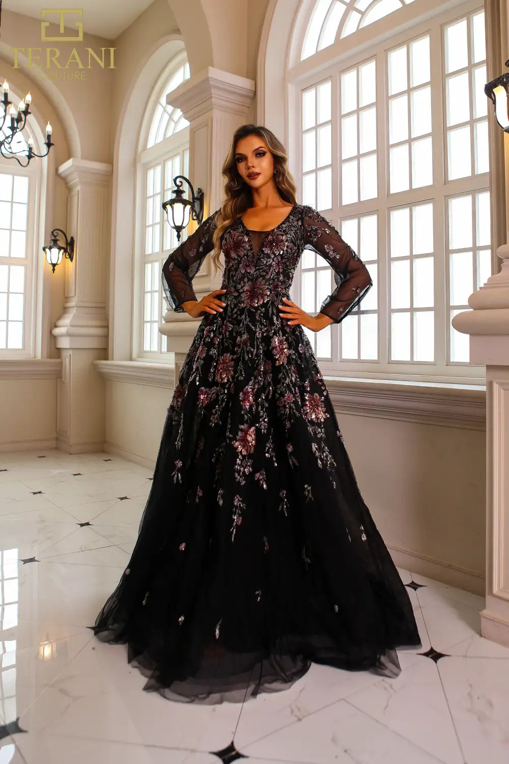 Terani Couture 251M4408 Full Sleeves Scoop Neck Beaded Tulle Ballgown Dress