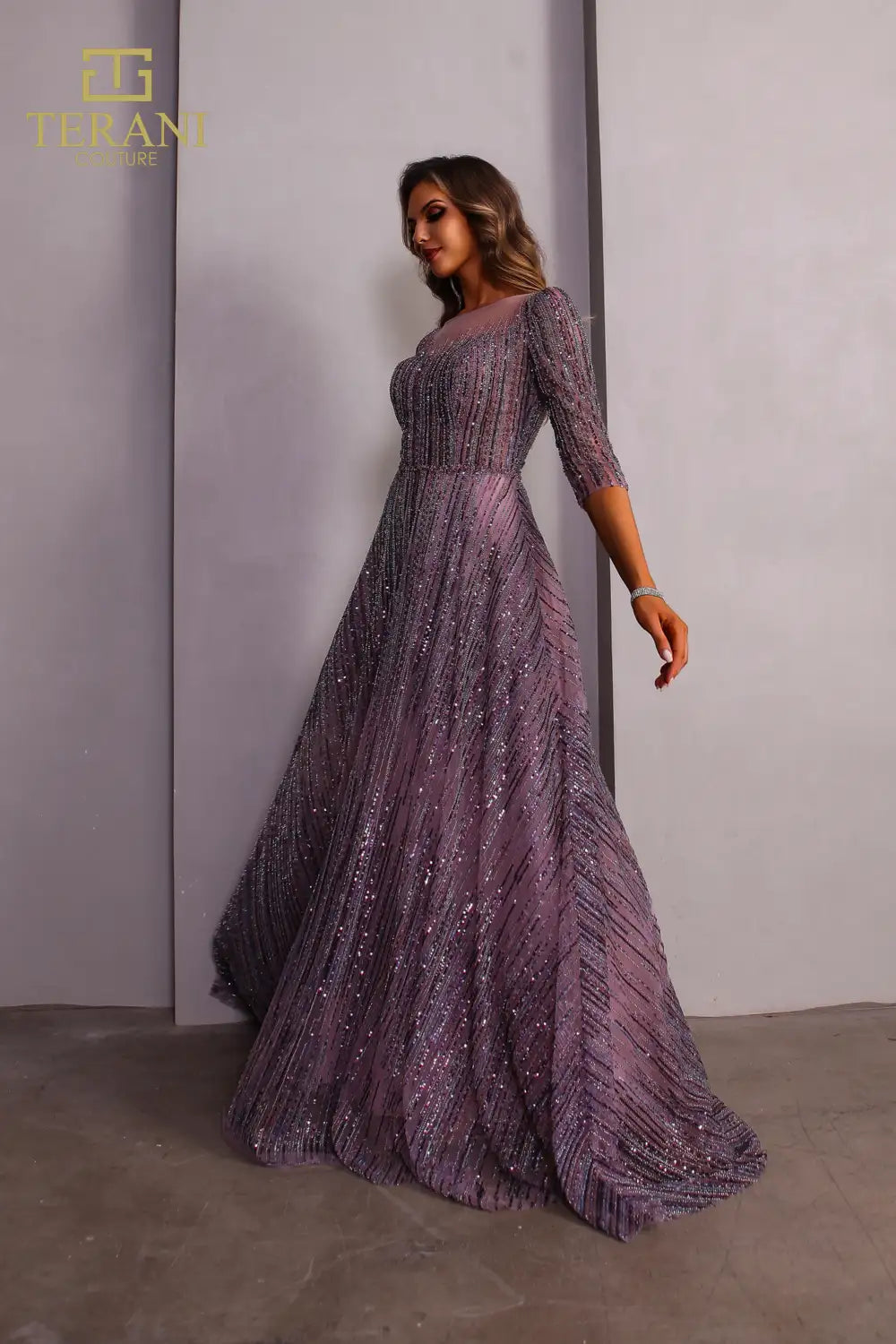 Terani Couture 251M4409 Illusion Neck Beaded Tulle Long Sleeves Ballgown