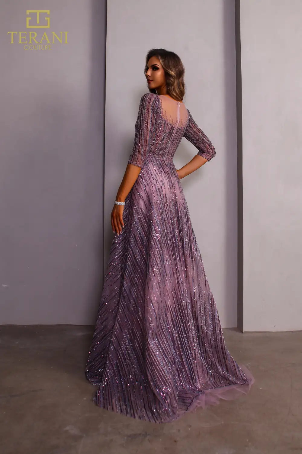 Terani Couture 251M4409 Illusion Neck Beaded Tulle Long Sleeves Ballgown