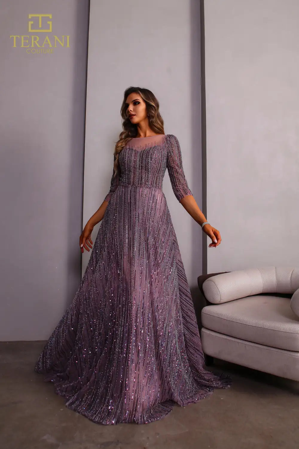 Terani Couture 251M4409 Illusion Neck Beaded Tulle Long Sleeves Ballgown