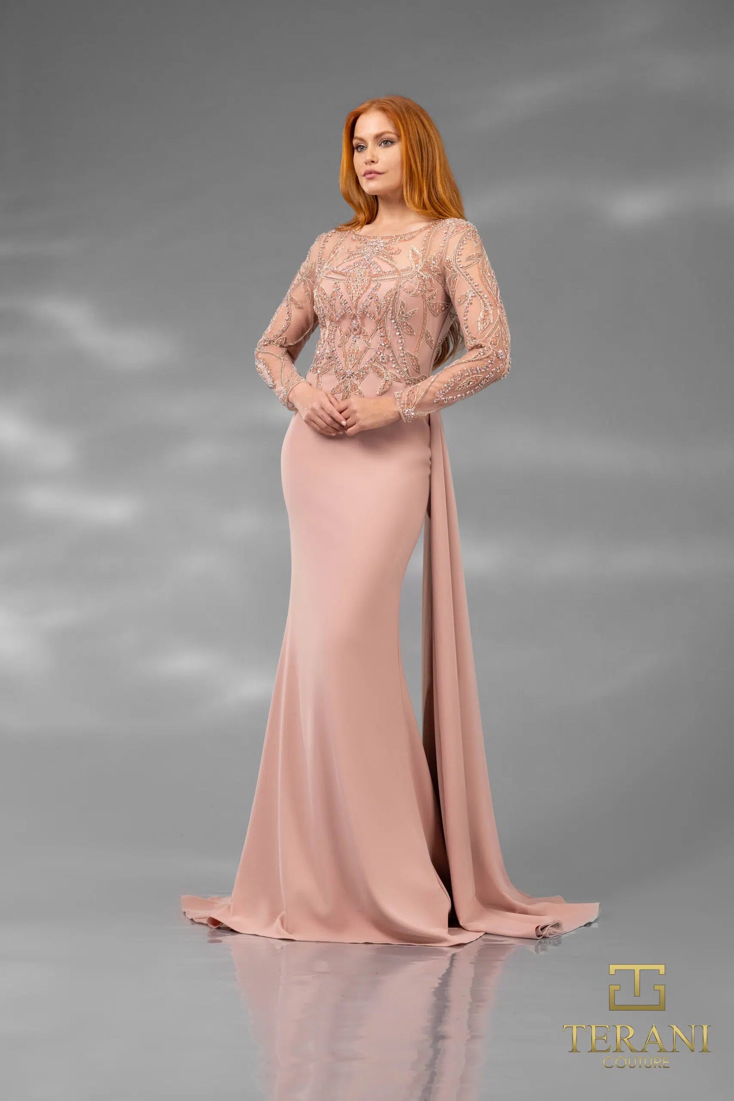 Terani Couture 251M4420 Illusion Neck Full Sleeves sheath Long Dress