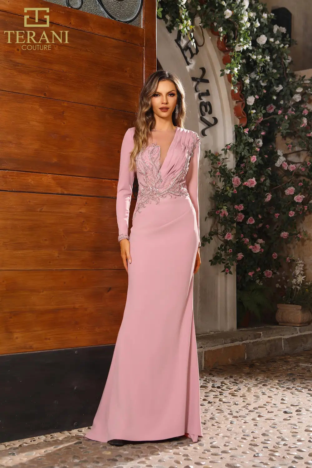 Terani Couture 251M4422 Asymmetric Full Sleeves Sheath Long Dress