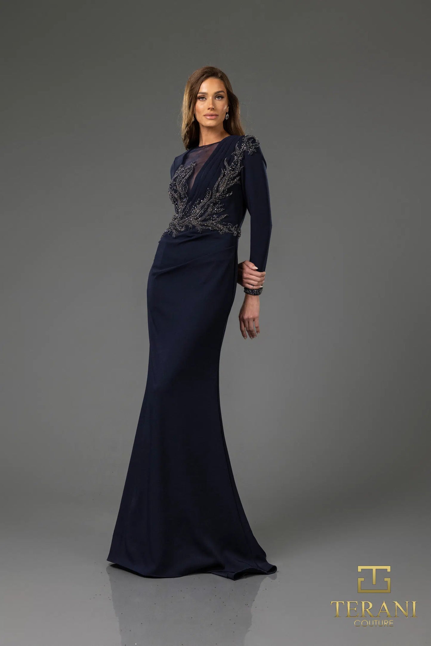 Terani Couture 251M4422 Asymmetric Full Sleeves Sheath Long Dress