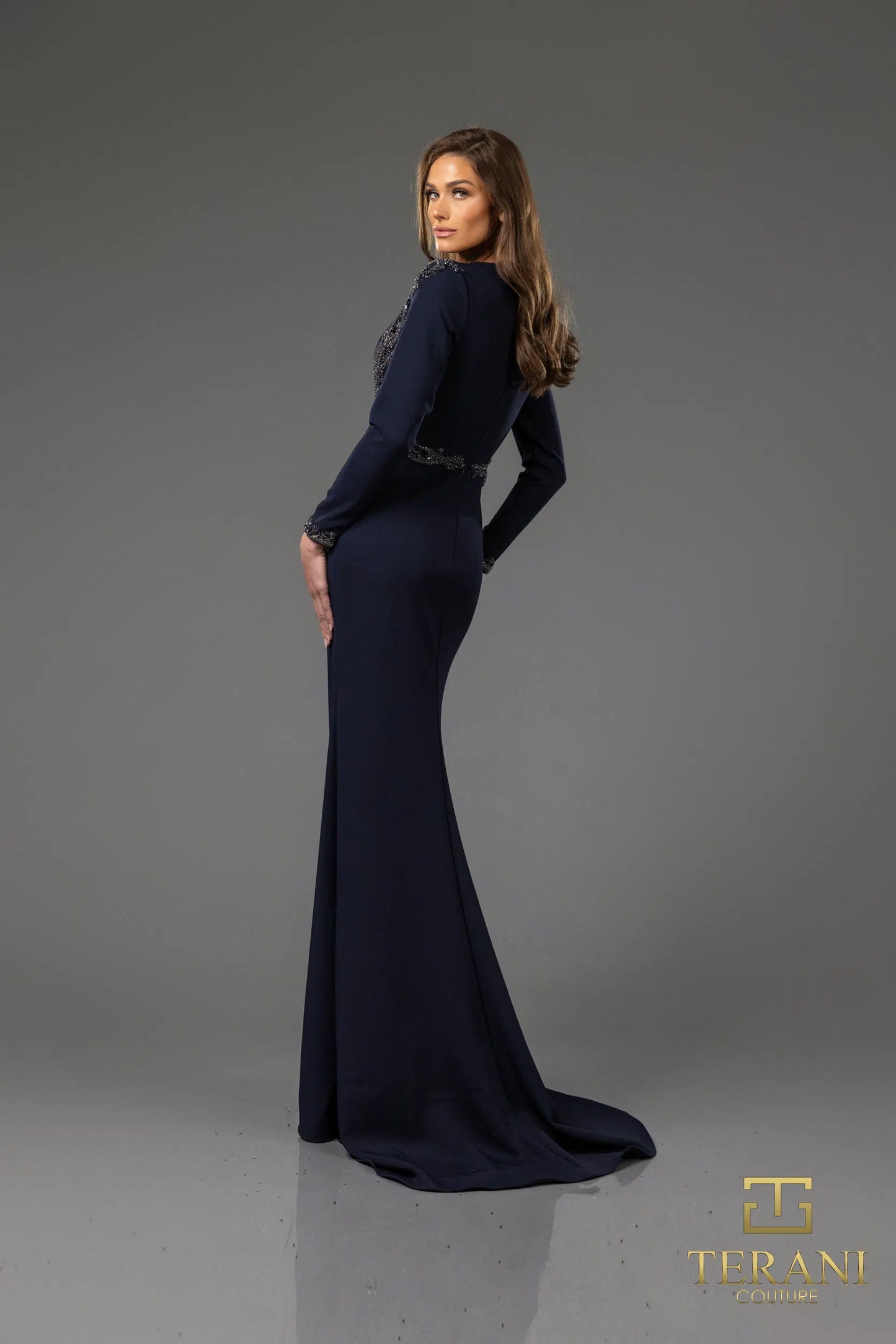 Terani Couture 251M4422 Asymmetric Full Sleeves Sheath Long Dress