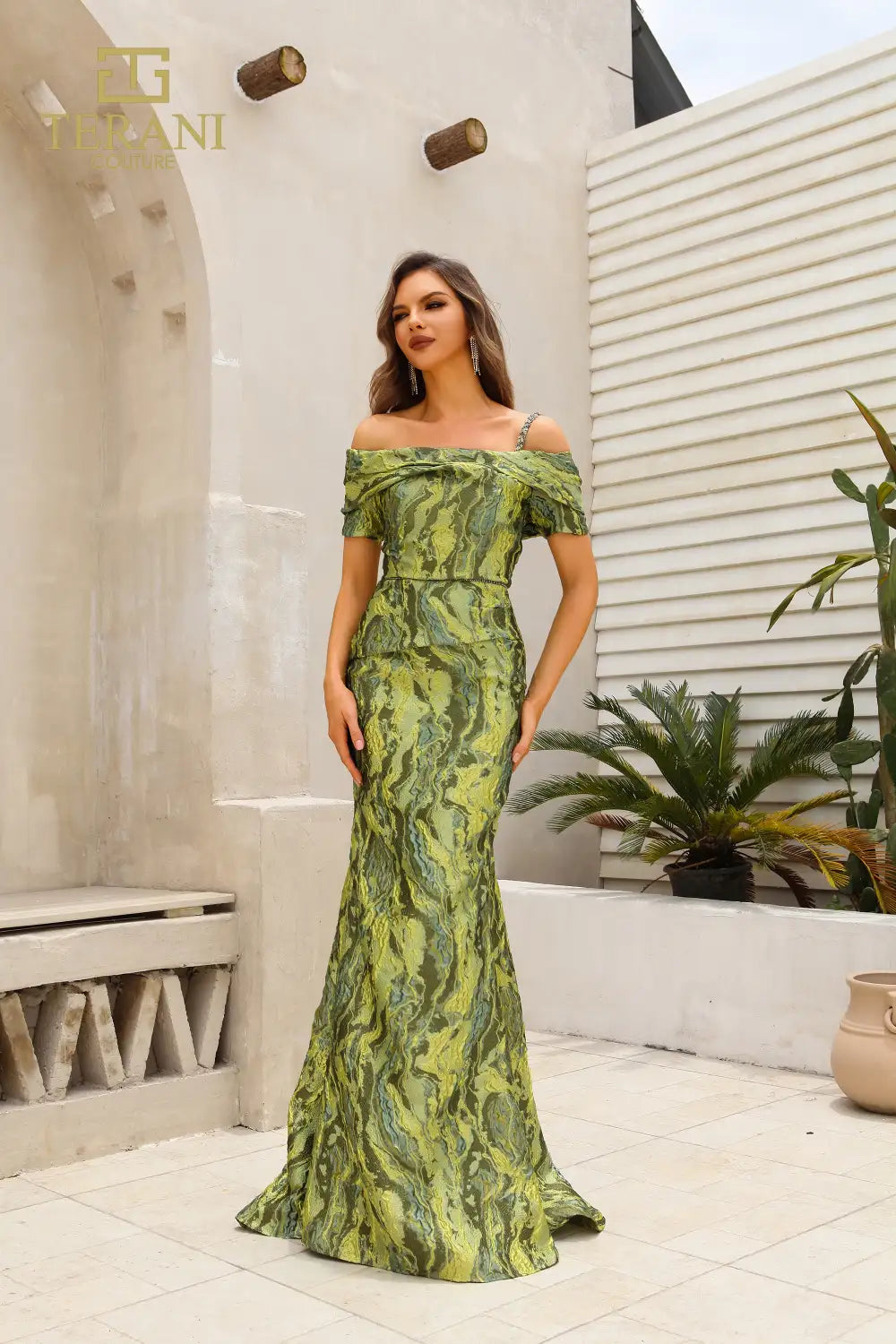Terani Couture 251M4434 Off the Shoulder Cap Sleeves Sheath Long Dress