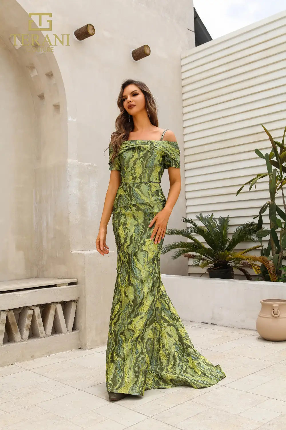 Terani Couture 251M4434 Off the Shoulder Cap Sleeves Sheath Long Dress