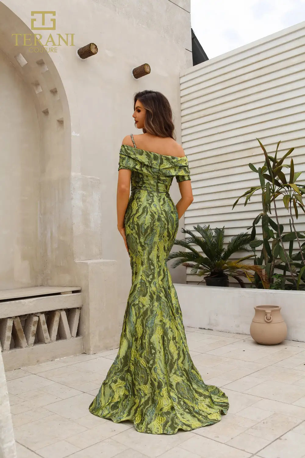 Terani Couture 251M4434 Off the Shoulder Cap Sleeves Sheath Long Dress