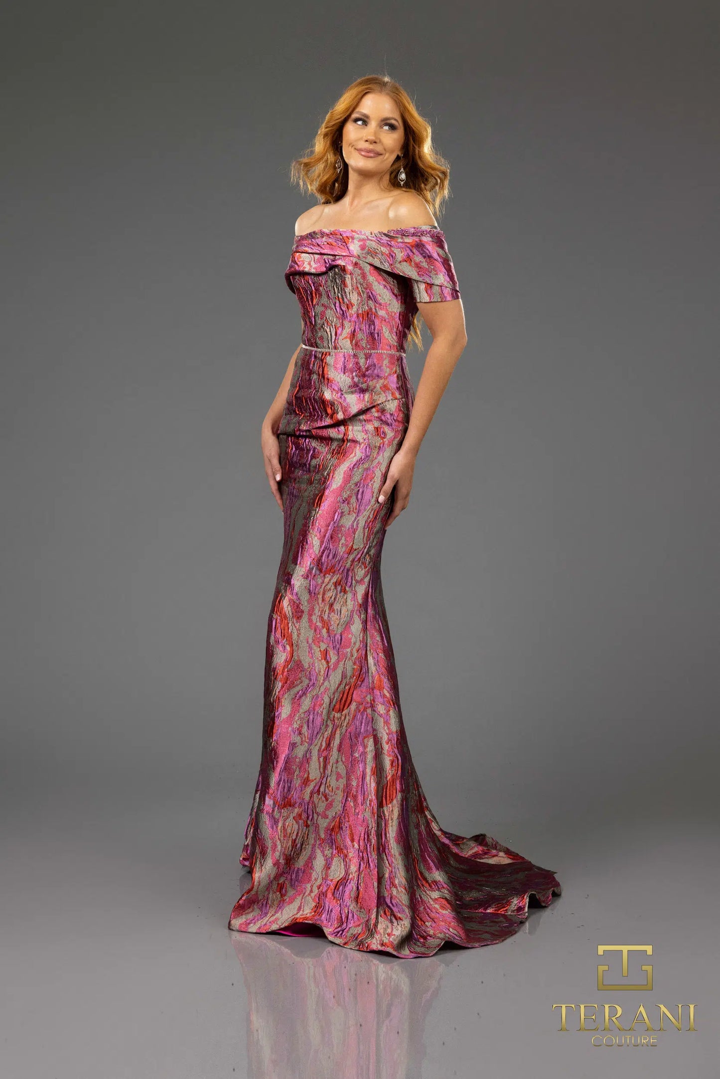 Terani Couture 251M4434 Off the Shoulder Cap Sleeves Sheath Long Dress