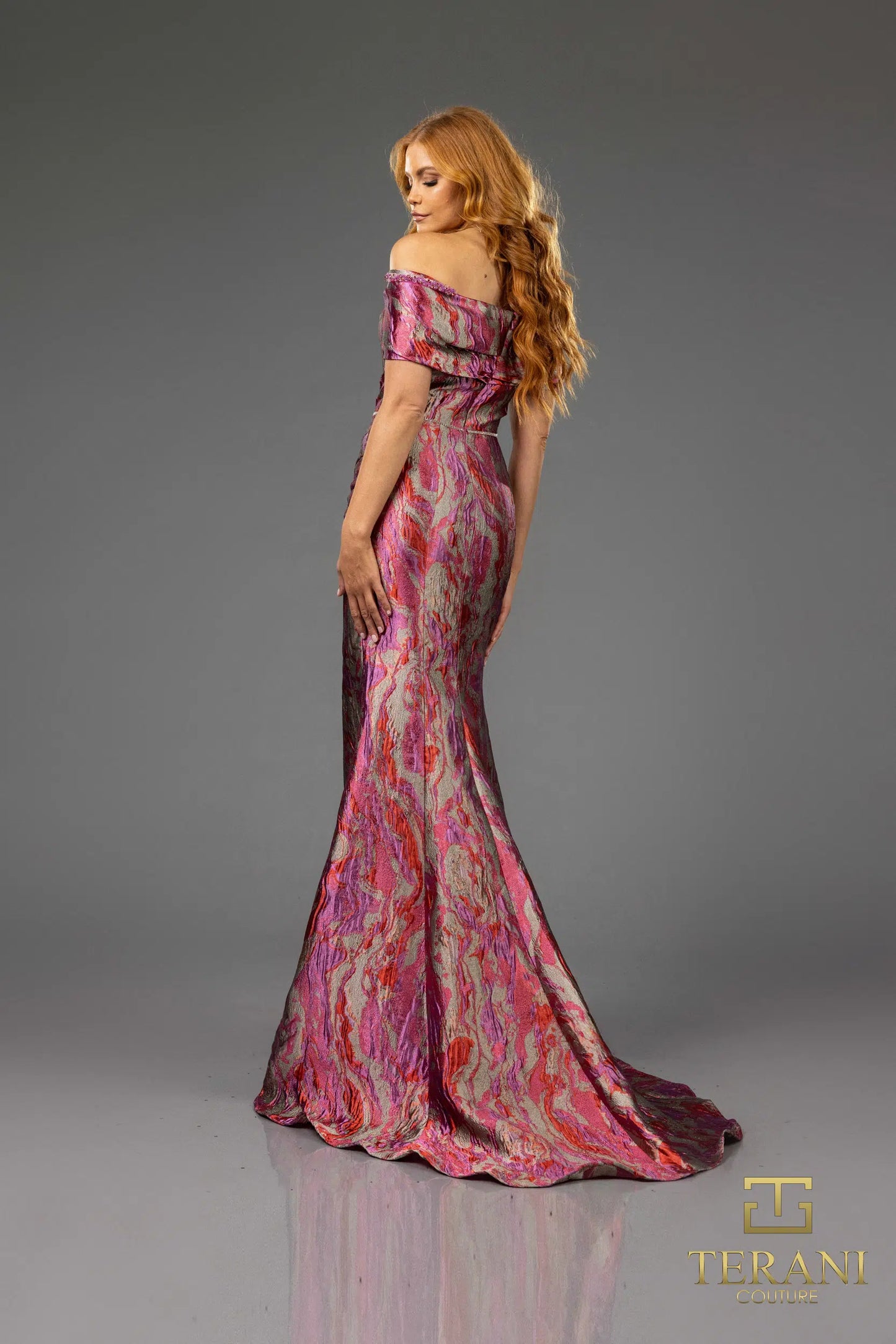 Terani Couture 251M4434 Off the Shoulder Cap Sleeves Sheath Long Dress