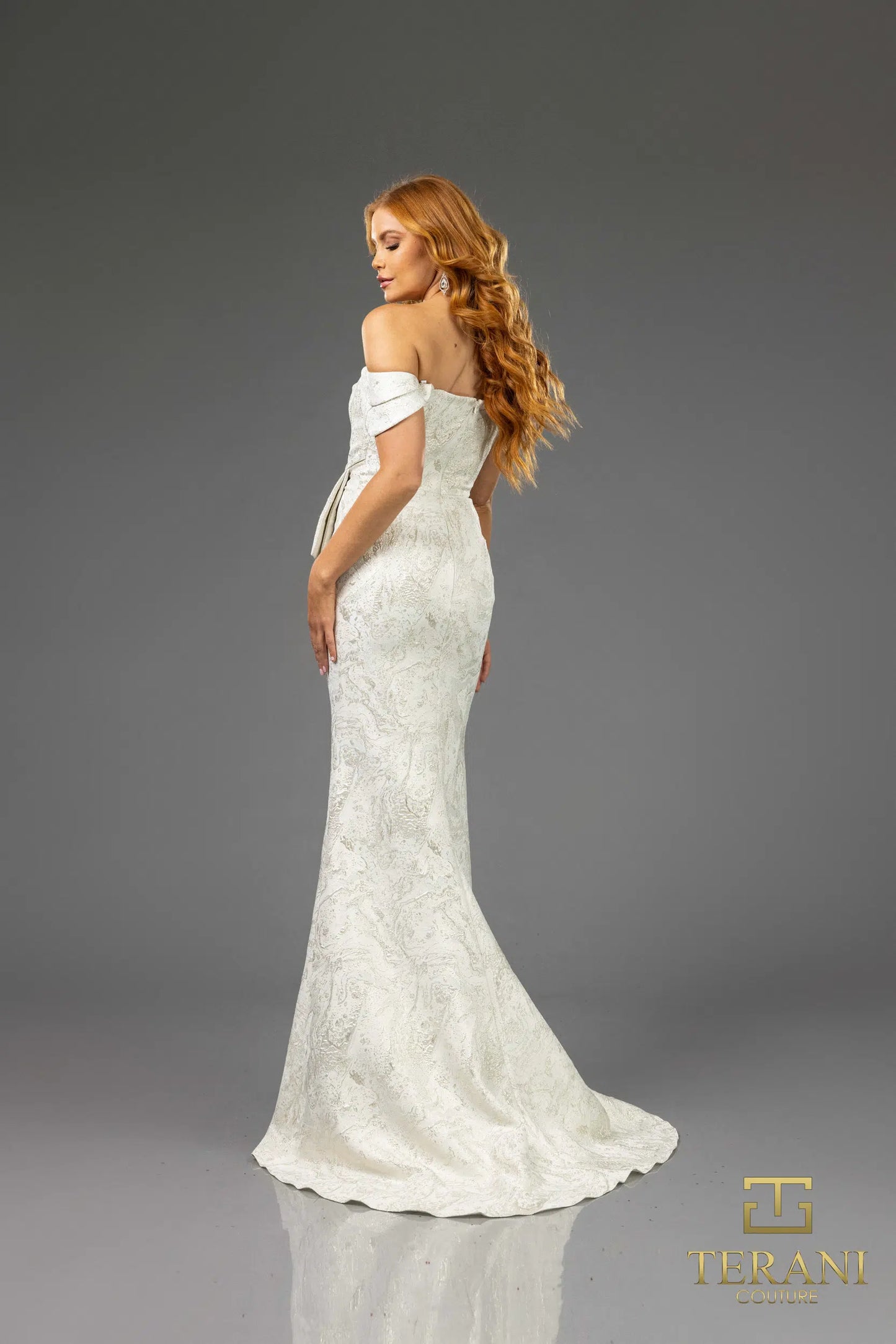 Terani Couture 251M4435 Sheath Off the Shoulder Cap Sleeves Jacquard Long Dress
