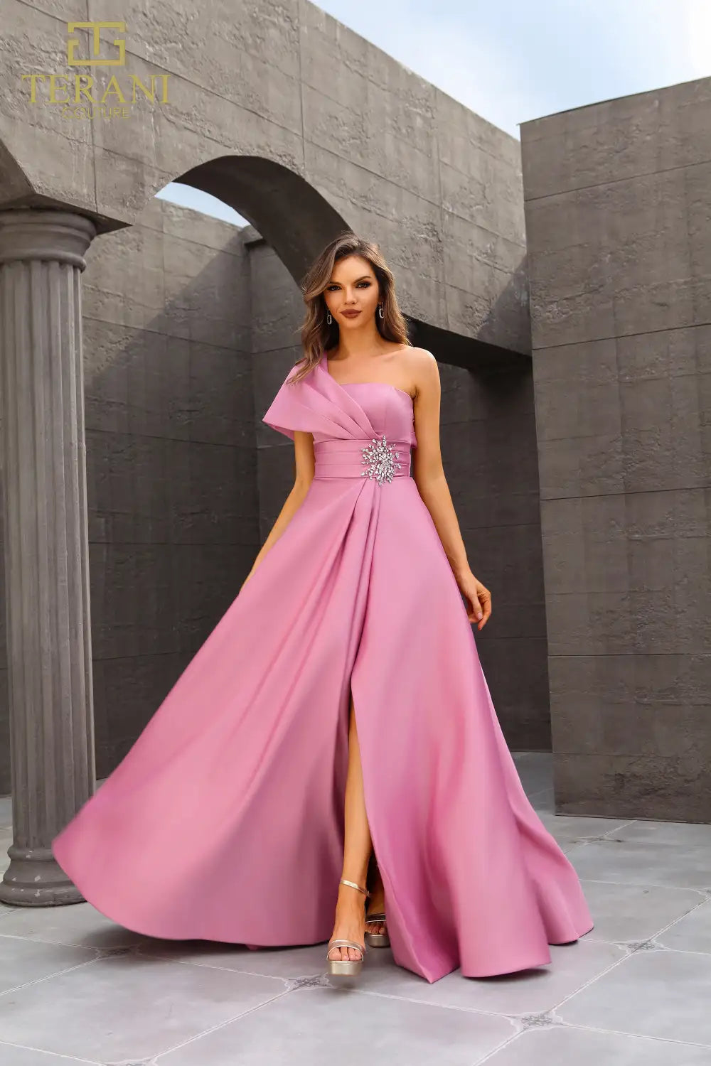 Terani Couture 251M4441 Matte Satin A-line One Shoulder Long Dress