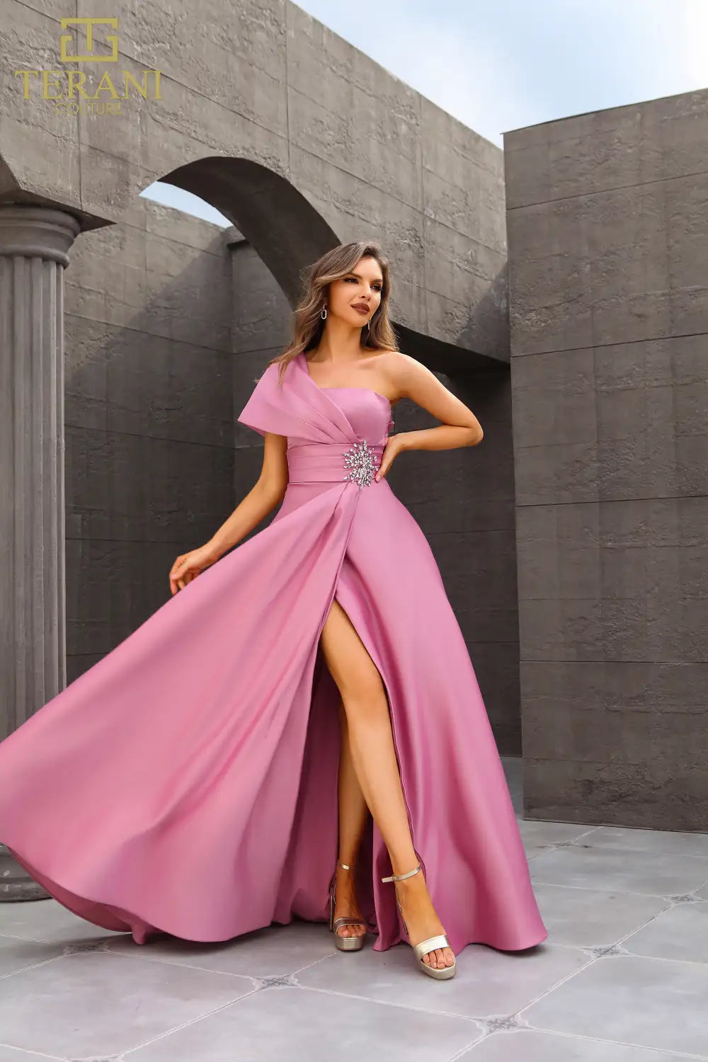 Terani Couture 251M4441 Matte Satin A-line One Shoulder Long Dress
