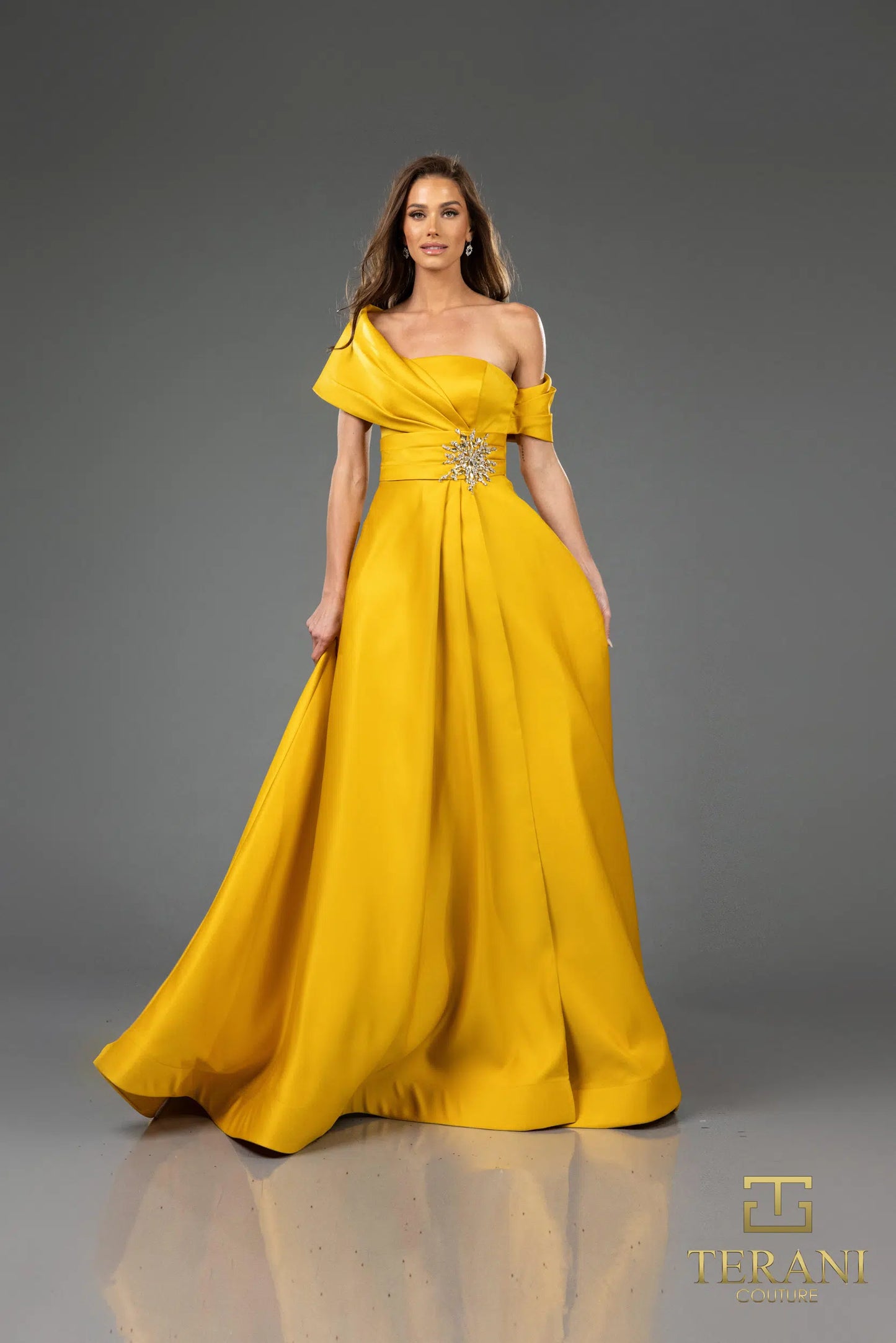 Terani Couture 251M4441 Matte Satin A-line One Shoulder Long Dress