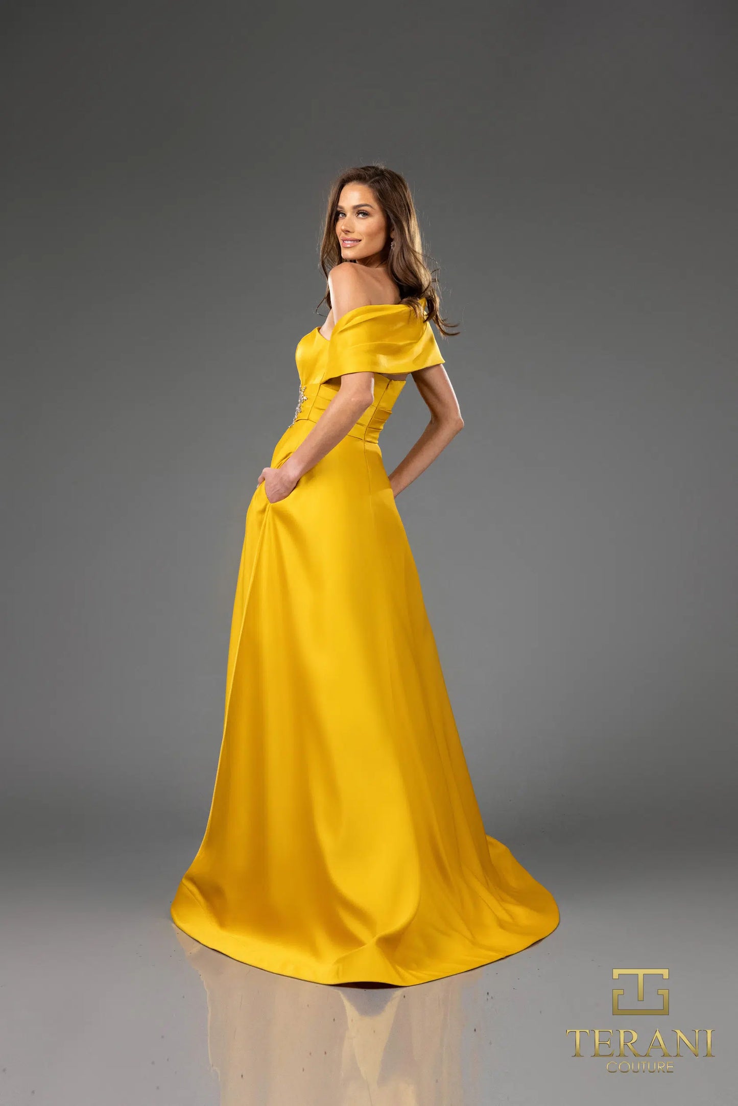 Terani Couture 251M4441 Matte Satin A-line One Shoulder Long Dress