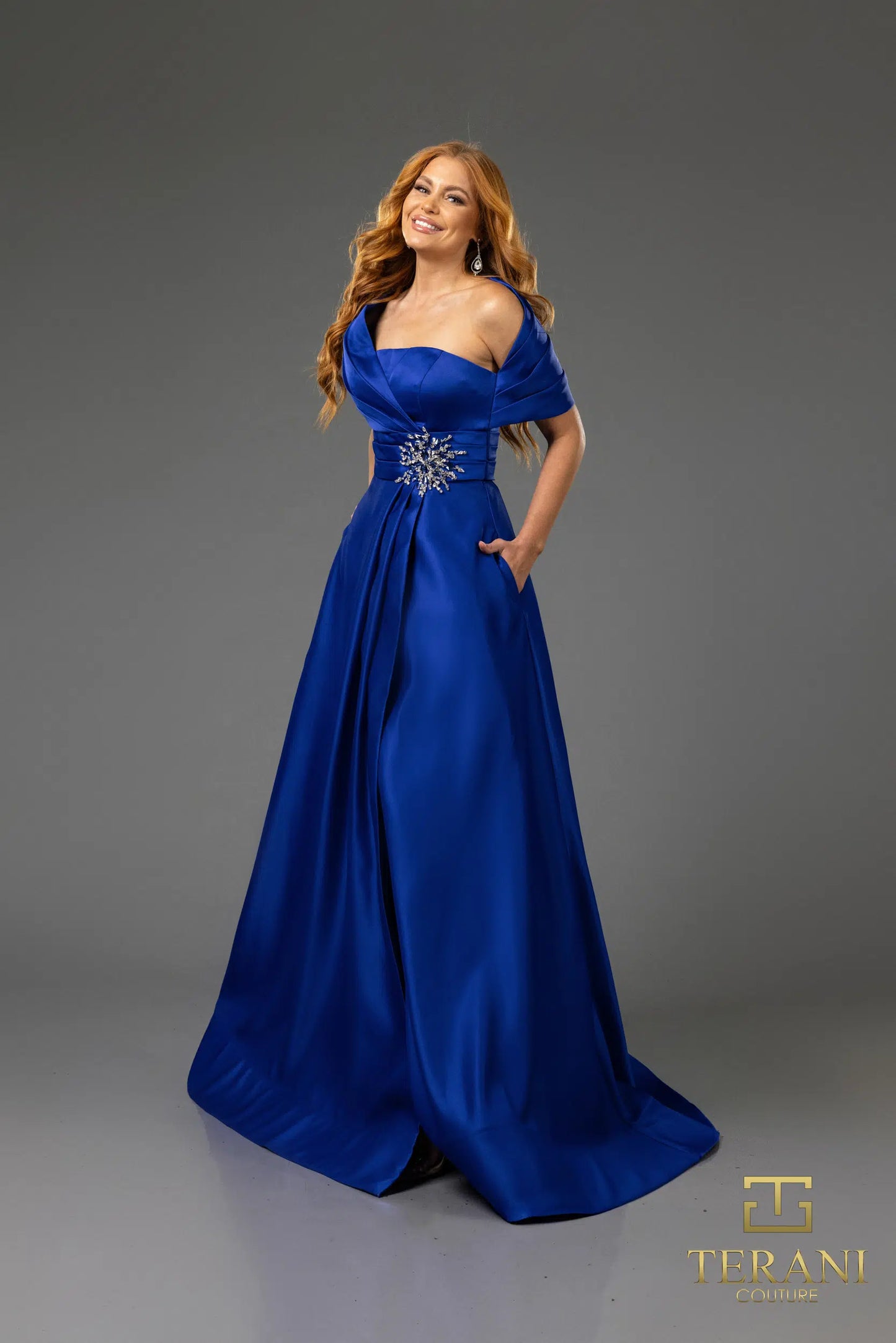 Terani Couture 251M4441 Matte Satin A-line One Shoulder Long Dress
