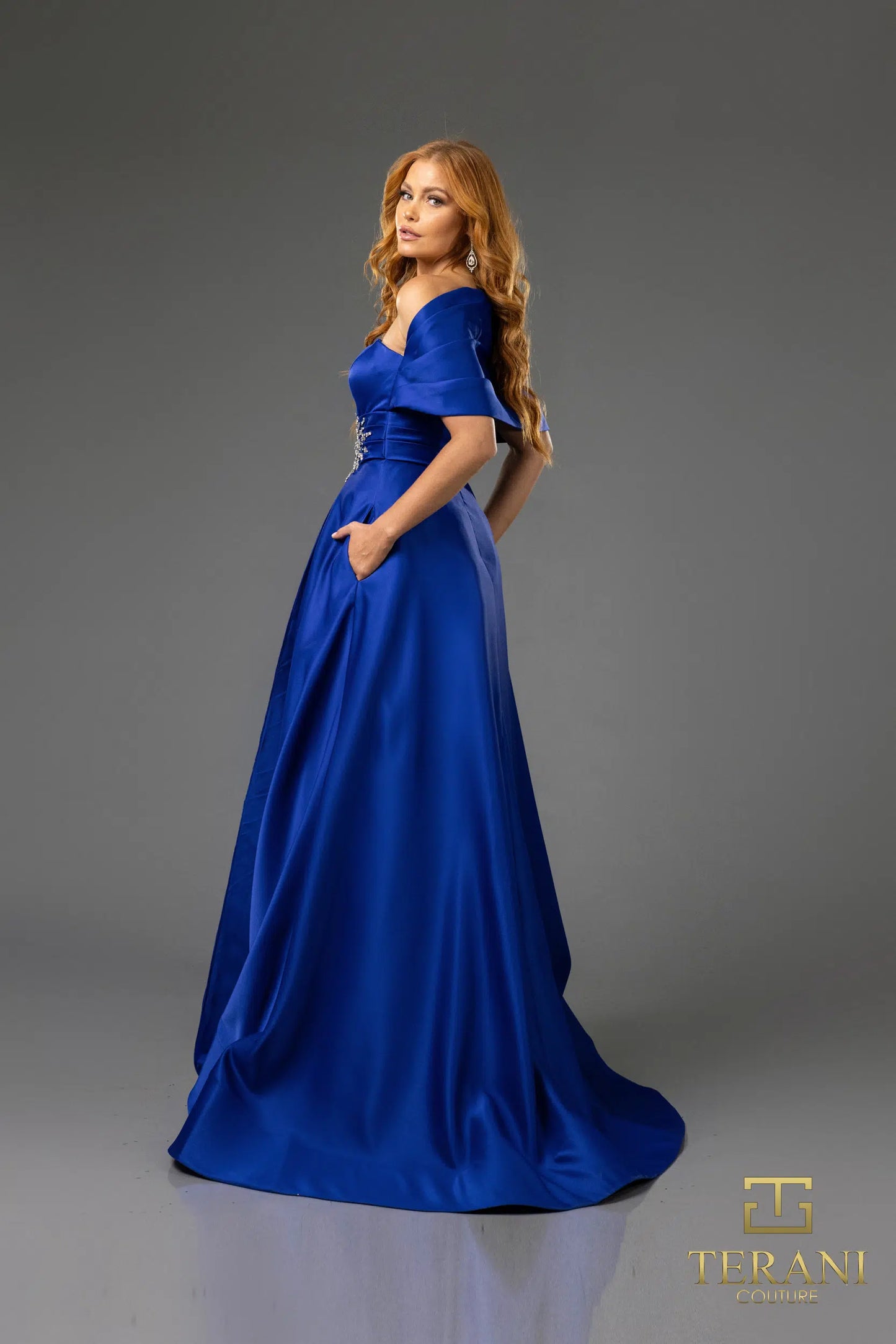 Terani Couture 251M4441 Matte Satin A-line One Shoulder Long Dress