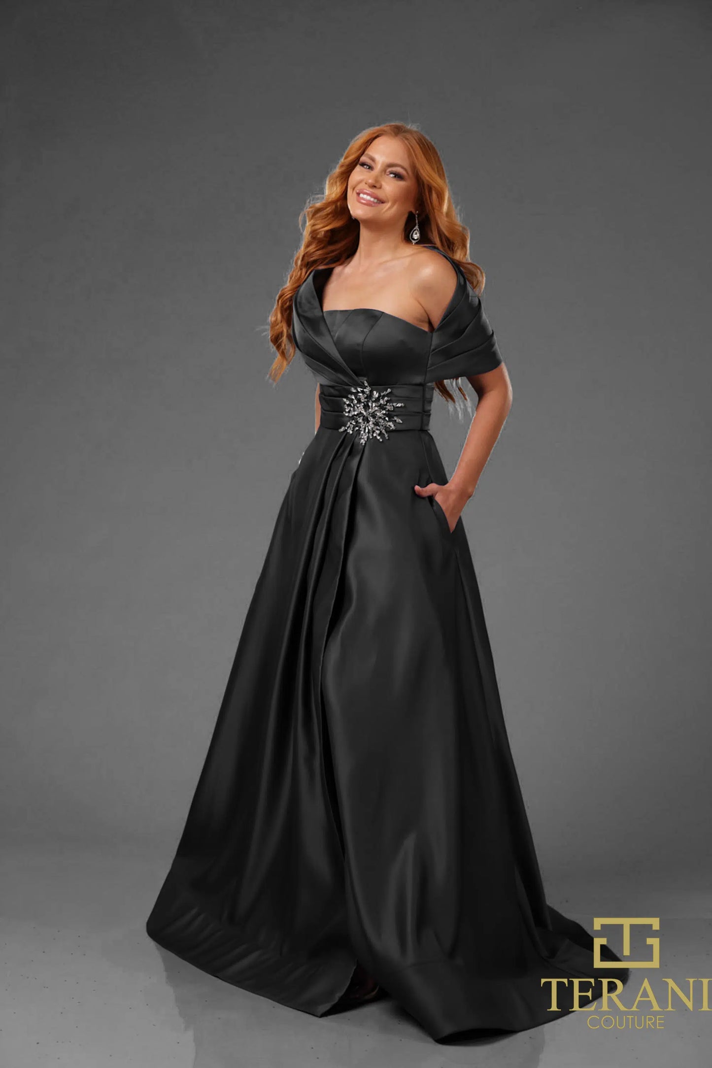 Terani Couture 251M4441 Matte Satin A-line One Shoulder Long Dress