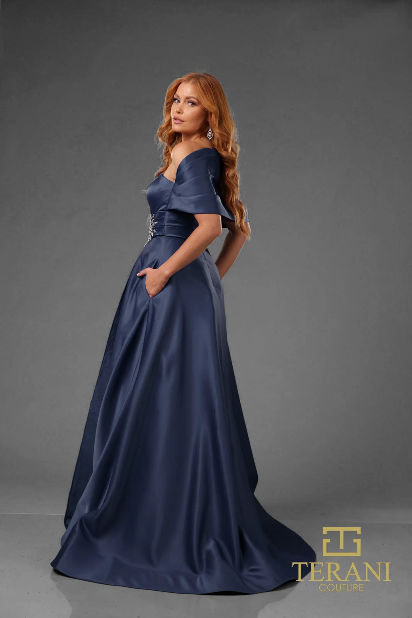 Terani Couture 251M4441 Matte Satin A-line One Shoulder Long Dress