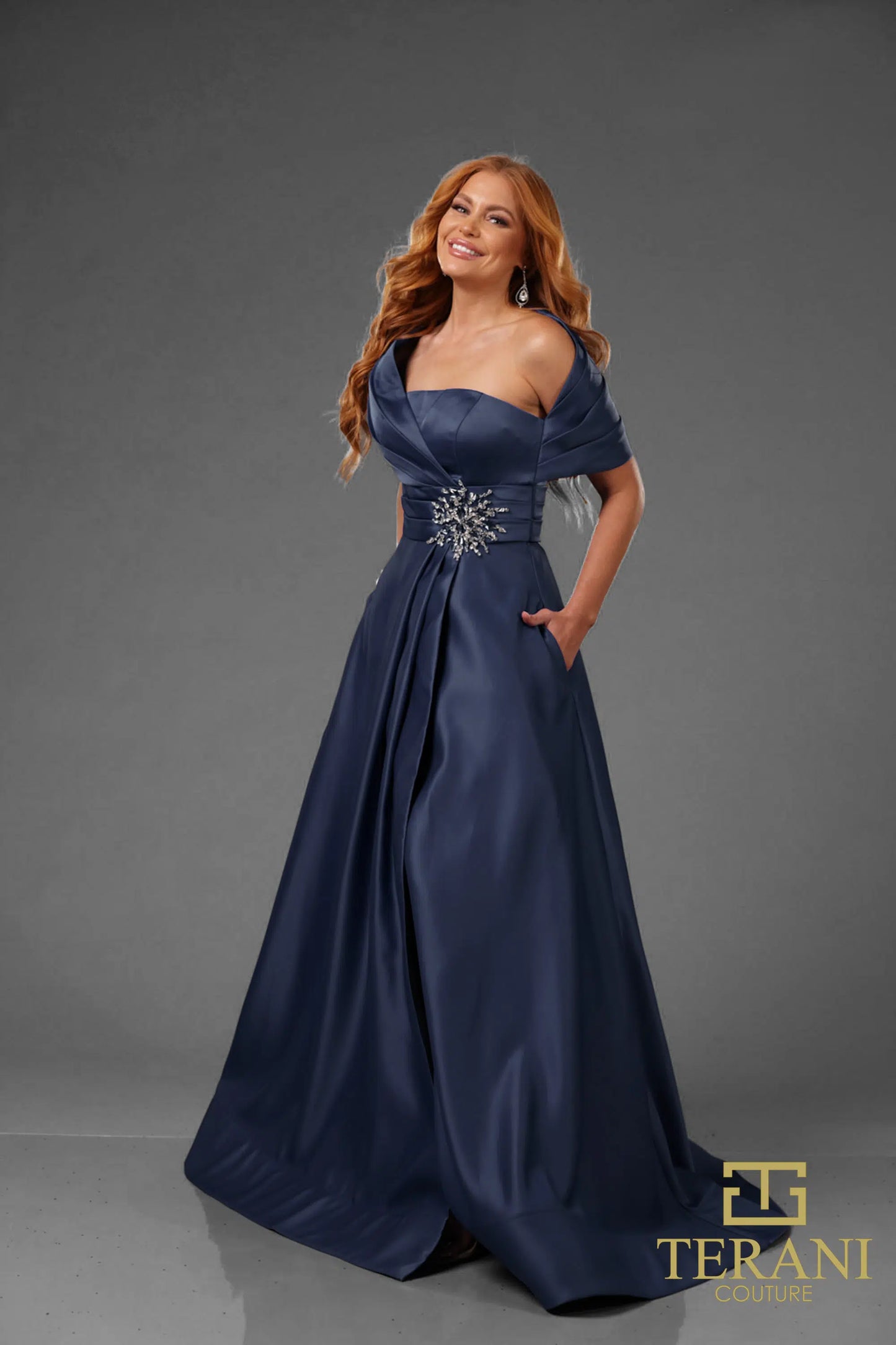 Terani Couture 251M4441 Matte Satin A-line One Shoulder Long Dress