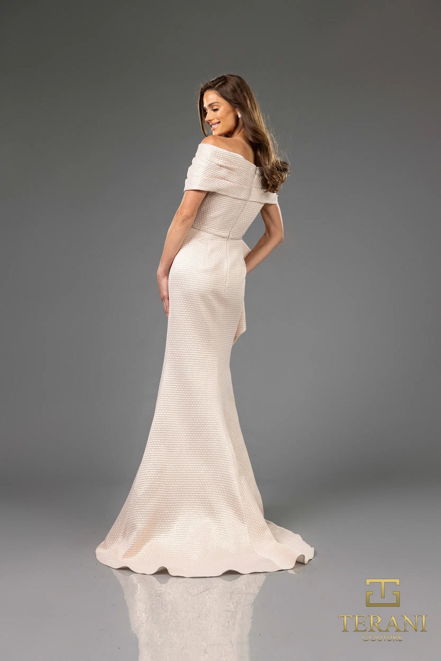 Terani Couture 251M4448 Off the Shoulder Metallic Jacquard Long Trumpet Dress
