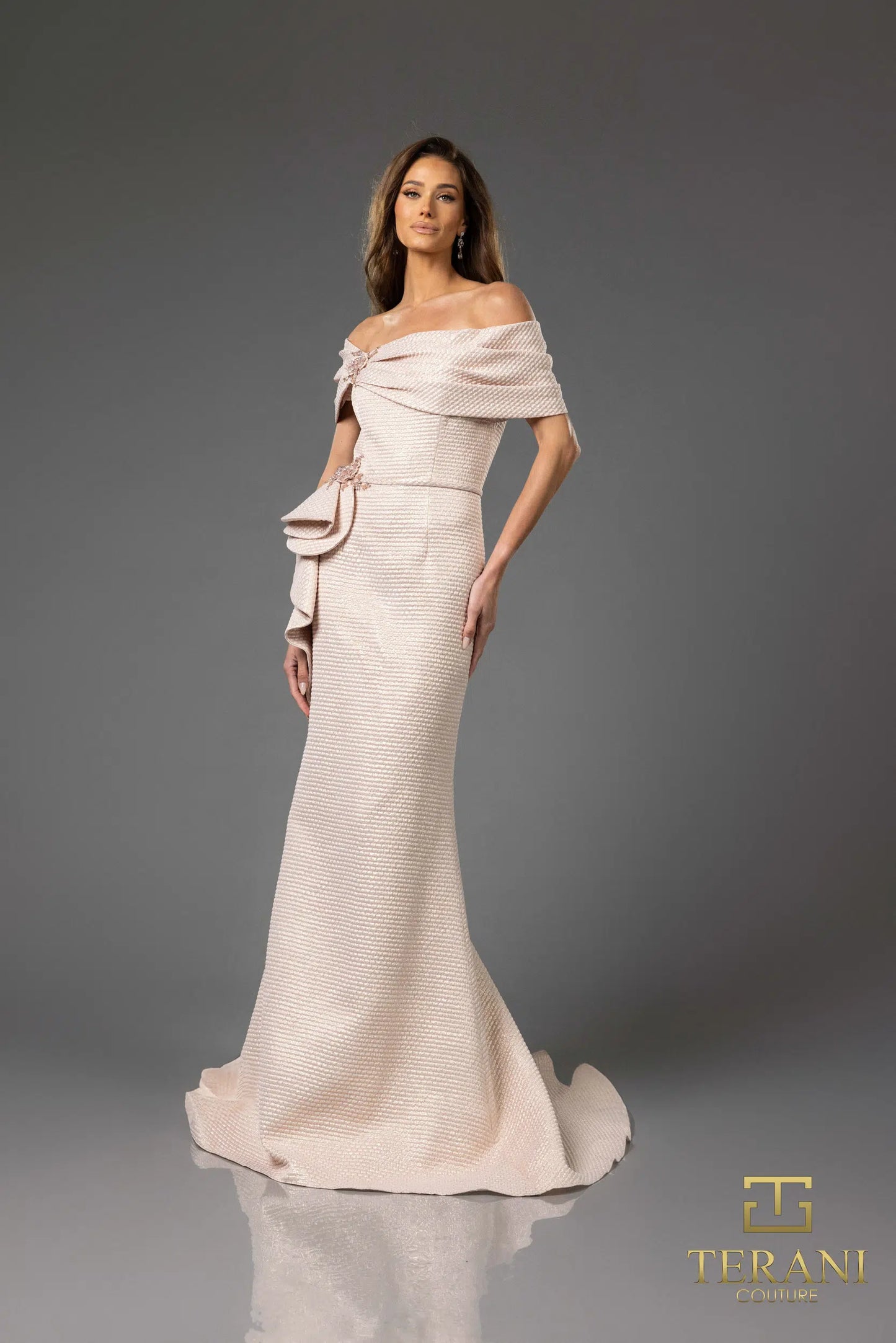 Terani Couture 251M4448 Off the Shoulder Metallic Jacquard Long Trumpet Dress