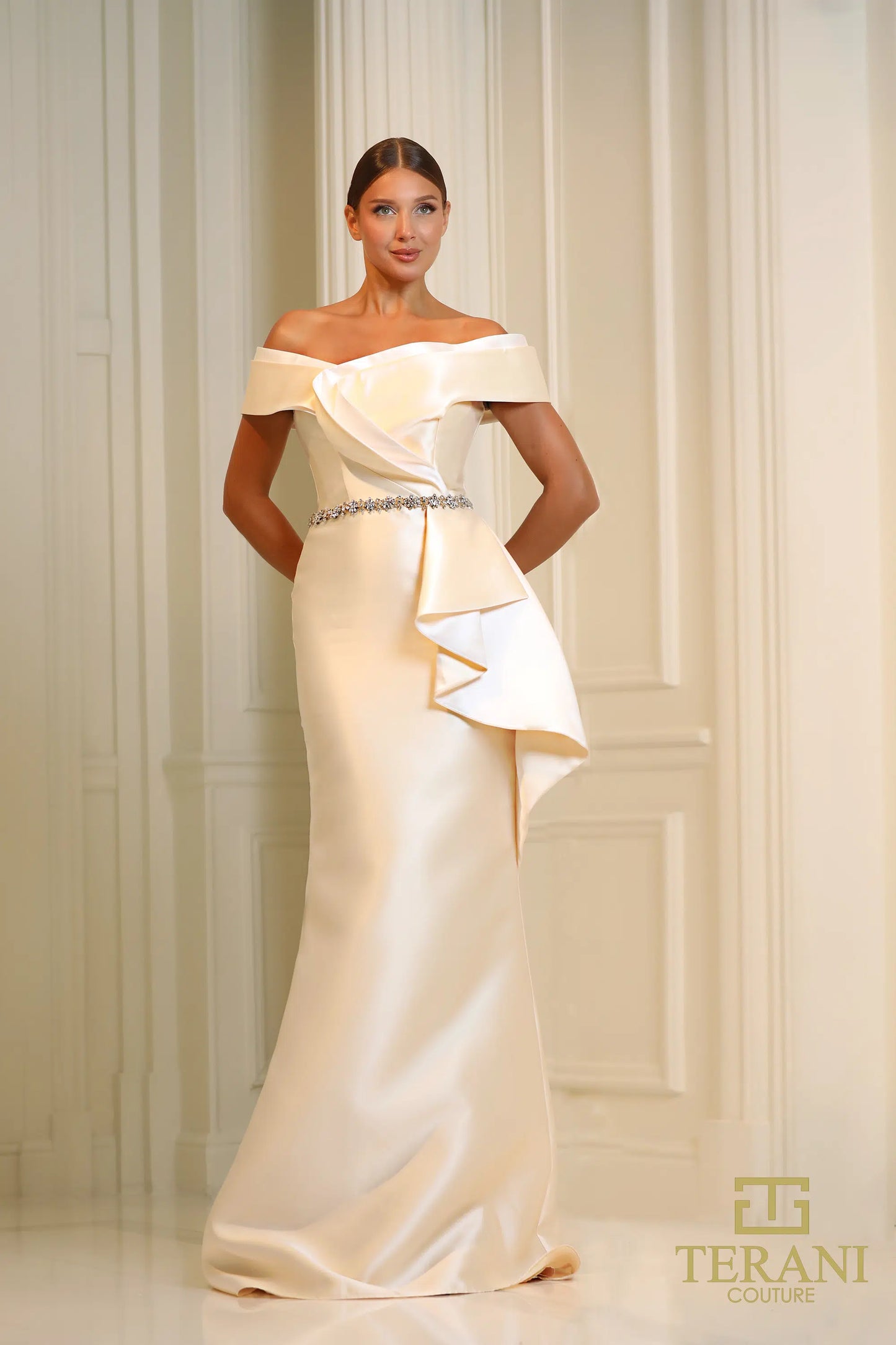 Terani Couture 251M4452 Off the Shoulder Mikado Long Trumpet Dress