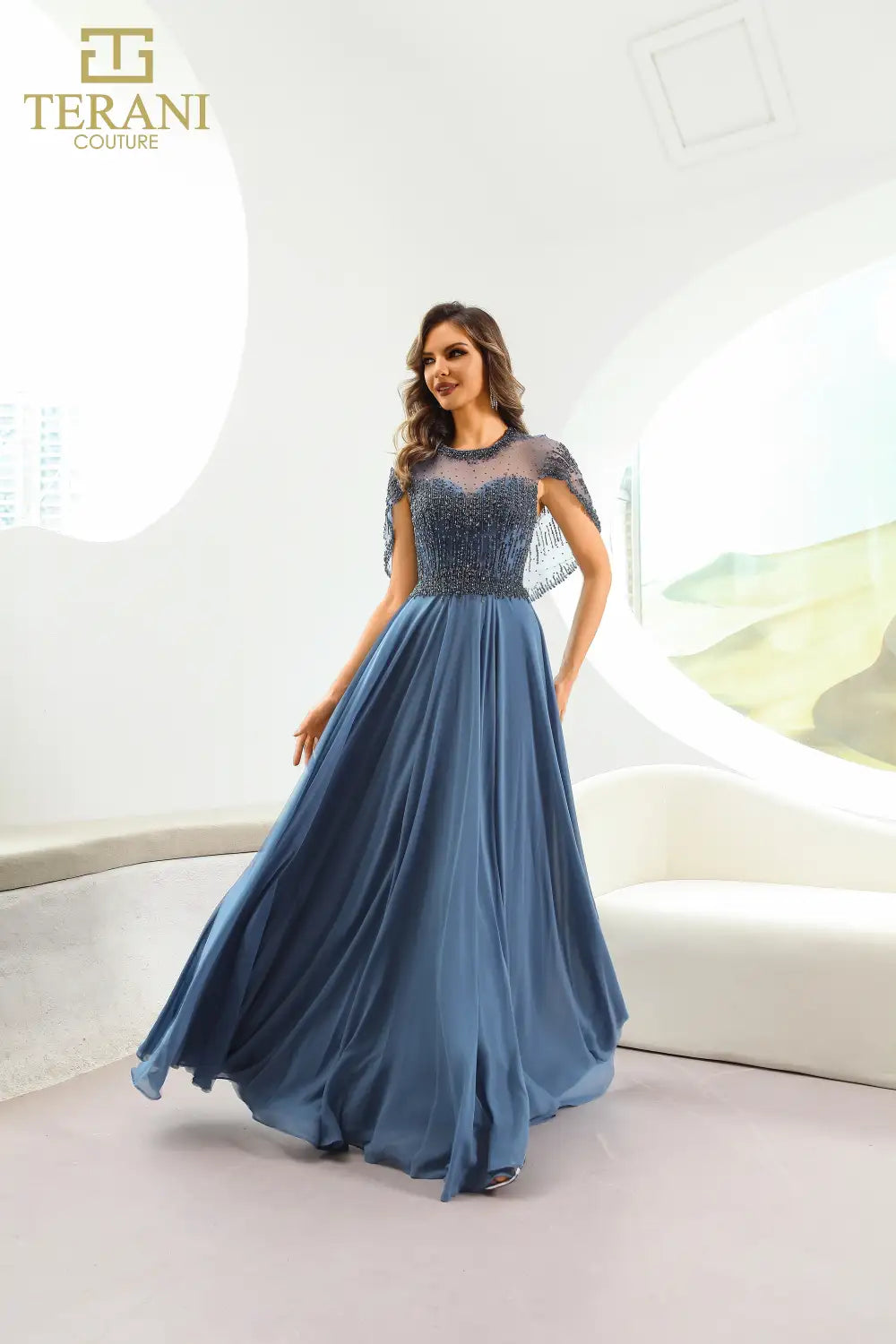 Terani Couture 251M4563 Illusion Neck Chiffon Long A-line Dress