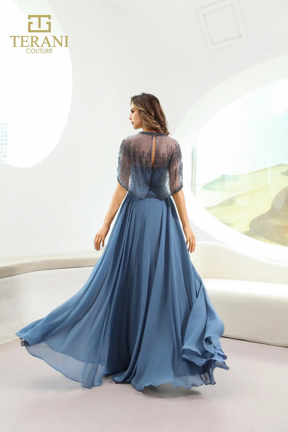 Terani Couture 251M4563 Illusion Neck Chiffon Long A-line Dress