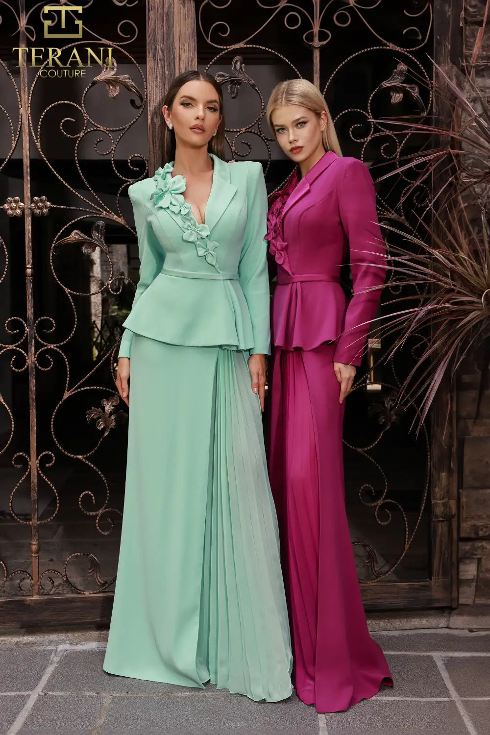 Terani Couture 251M4572 V-neck Full Sleeves Long Sheath Dress