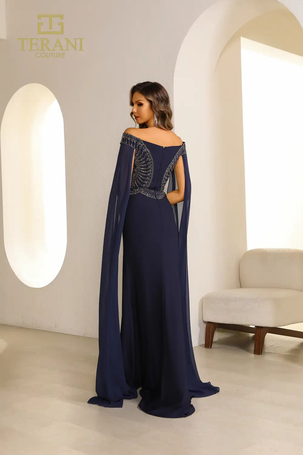 Terani Couture 251M4580 Bodycon Off the Shoulder Side Slit Long Dress