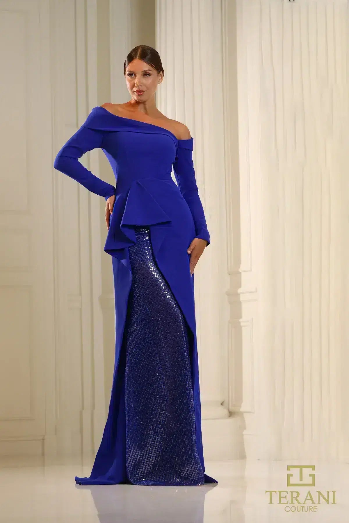 Terani Couture 251M4610 Royal Blue Sheath Asymmetric Full Sleeves Long Dress