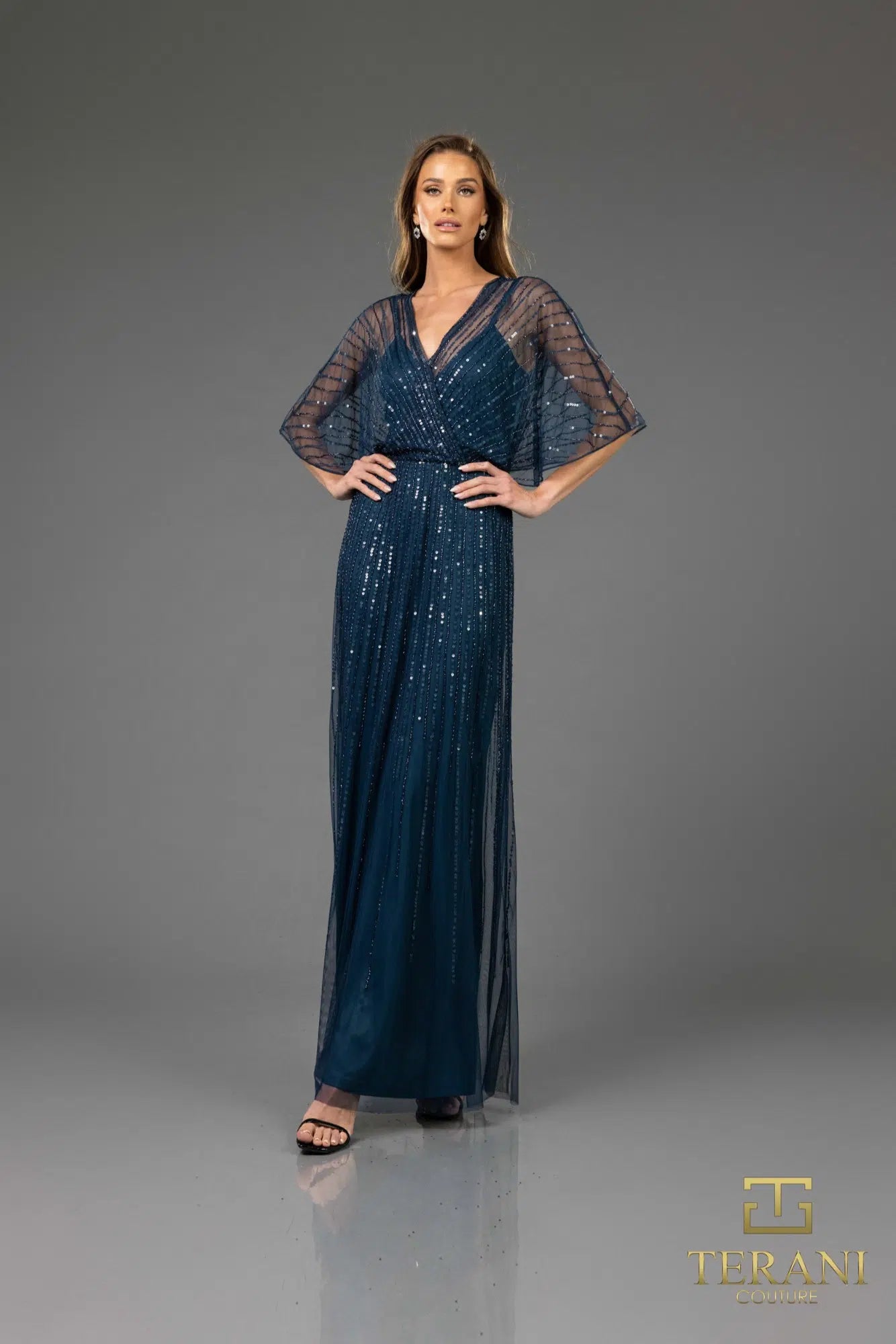 Terani Couture 251M4613 V-neck Sequin Long A-line Dress