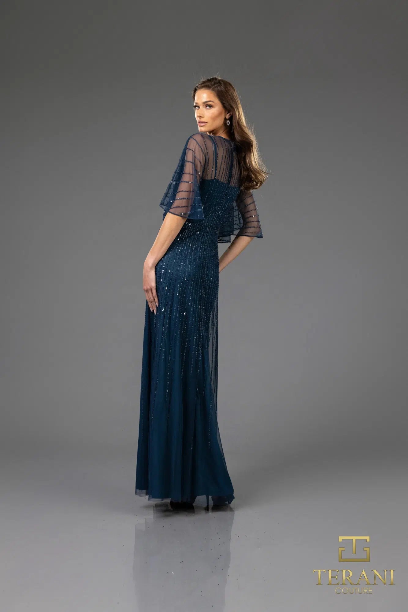 Terani Couture 251M4613 V-neck Sequin Long A-line Dress