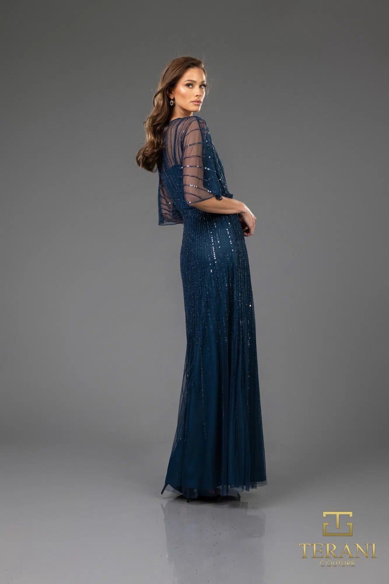 Terani Couture 251M4613 V-neck Sequin Long A-line Dress
