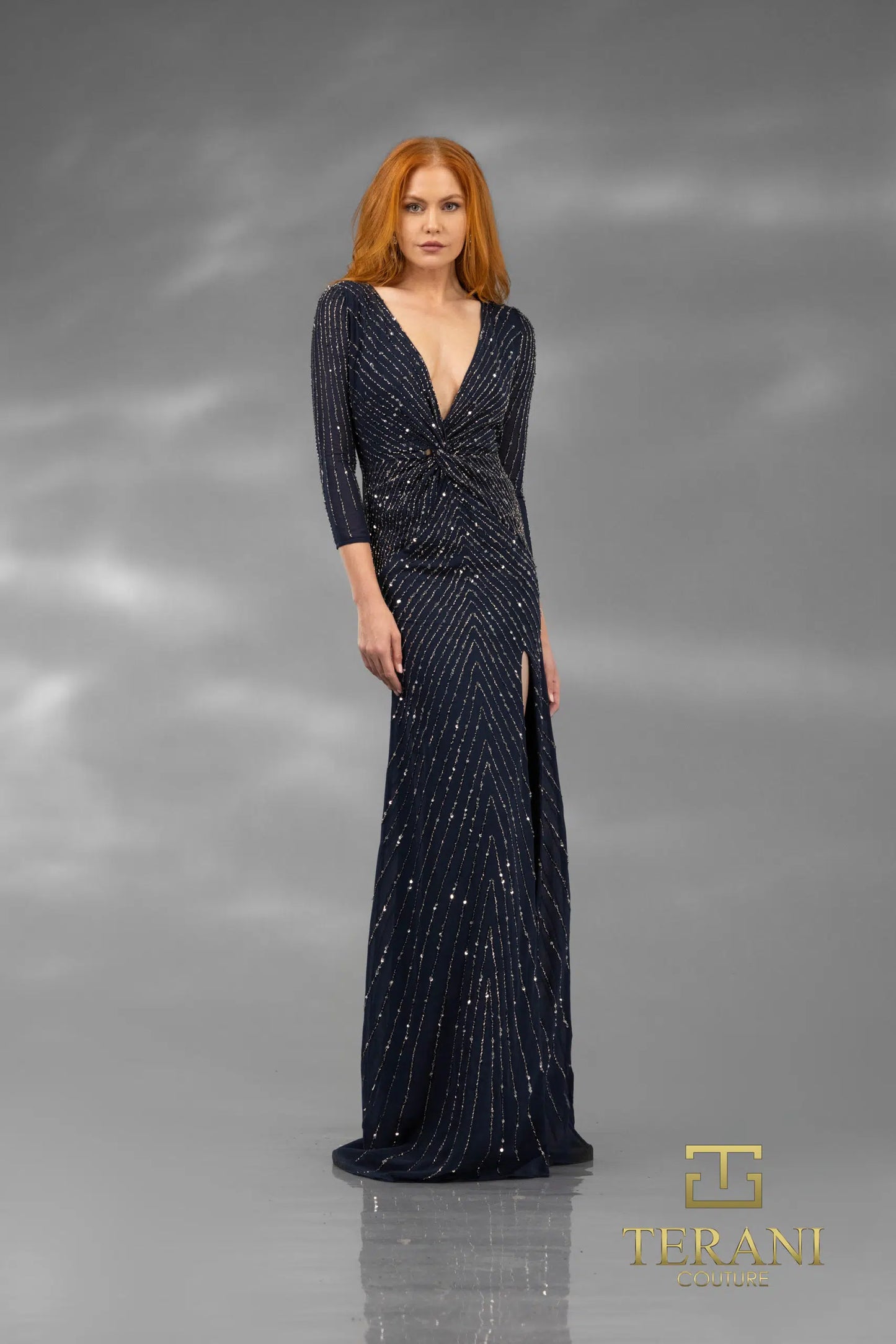 Terani Couture 251M4614 Navy Sheath V-neck Sequin Long Dress