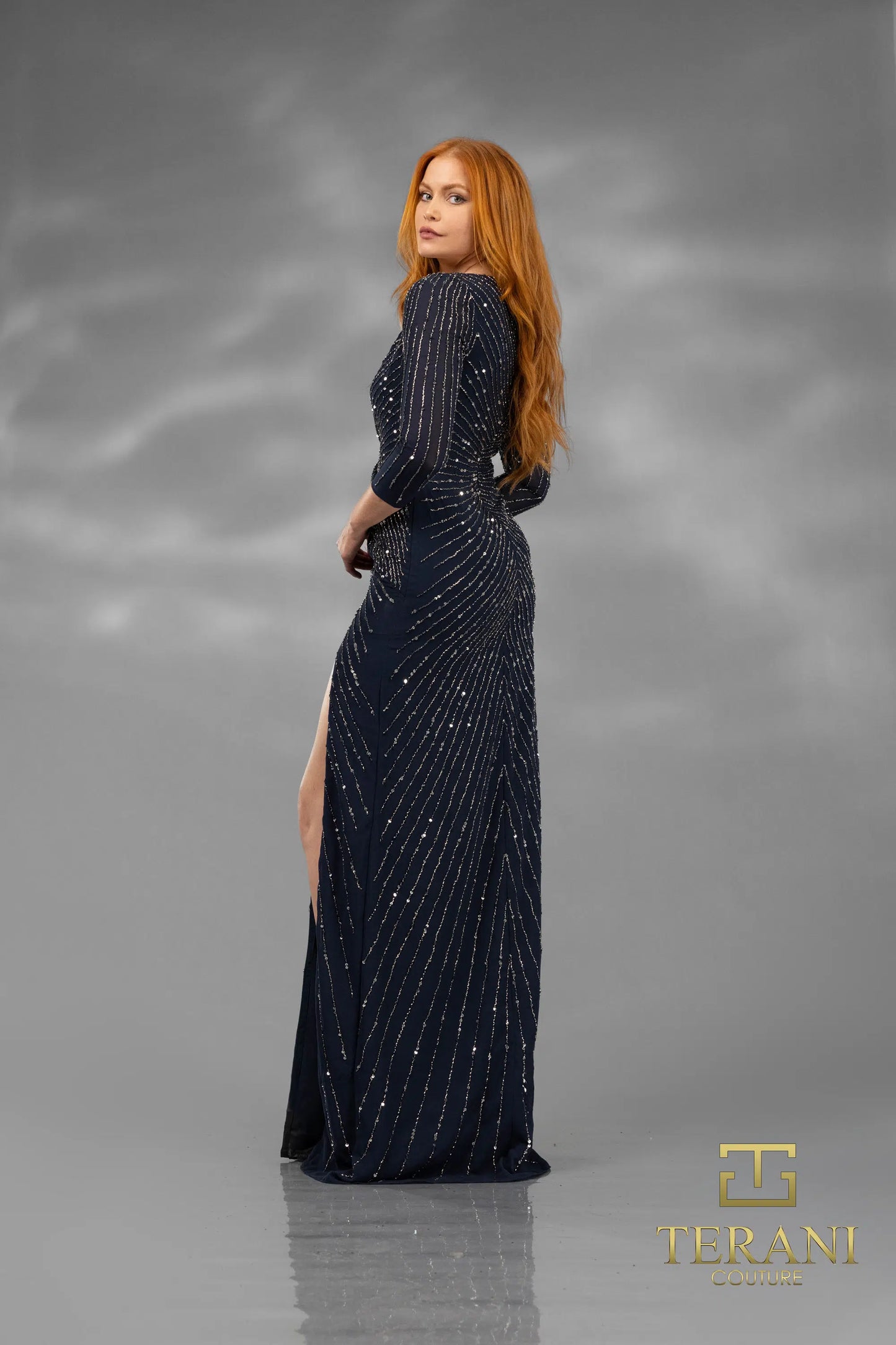 Terani Couture 251M4614 Navy Sheath V-neck Sequin Long Dress