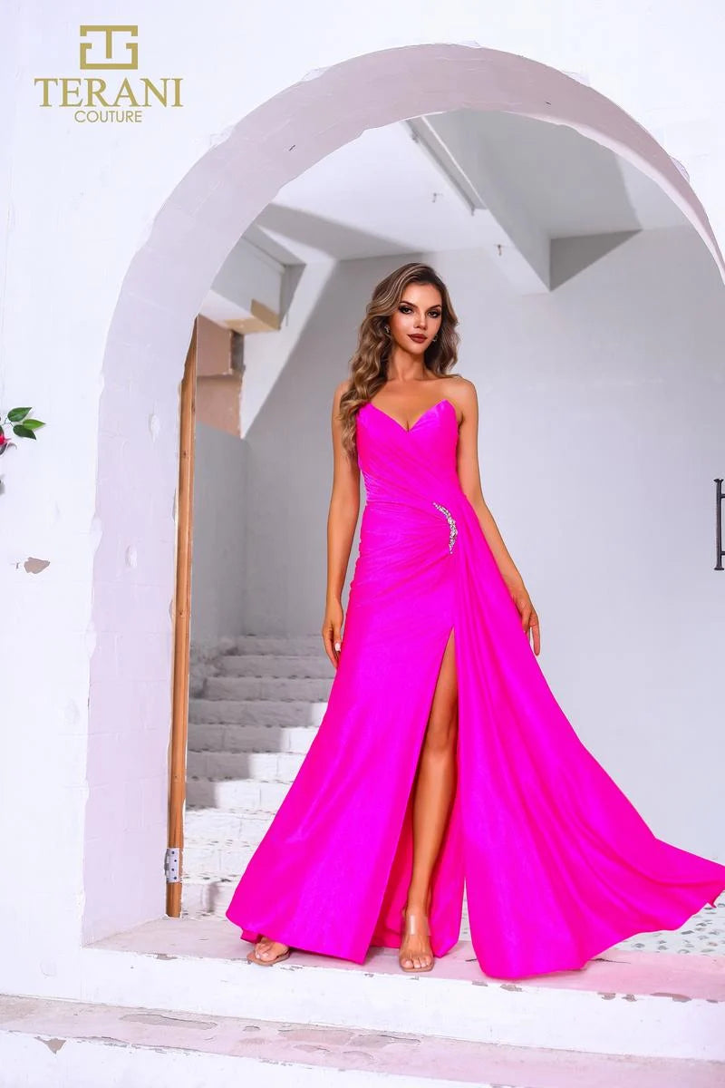 Terani Couture 251P4055 Strapless Stretch Metallic Fit and Flare Long Prom Dress