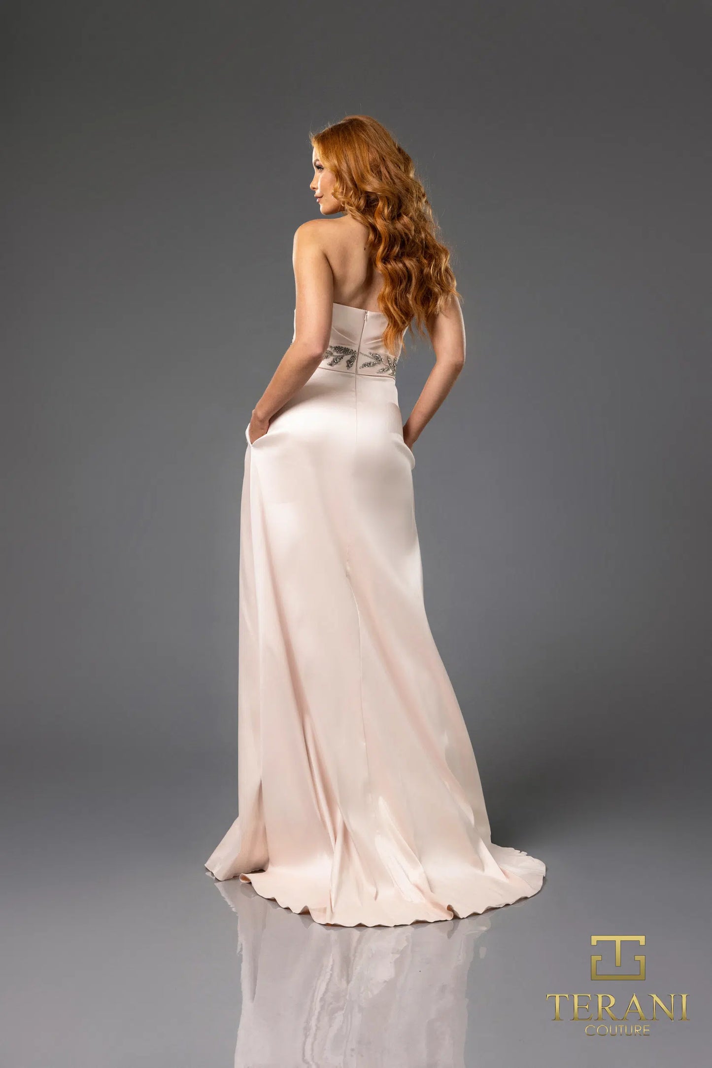 Terani Couture 251P4061 Stretch Mikado Front Slit Strapless A-Line Dress
