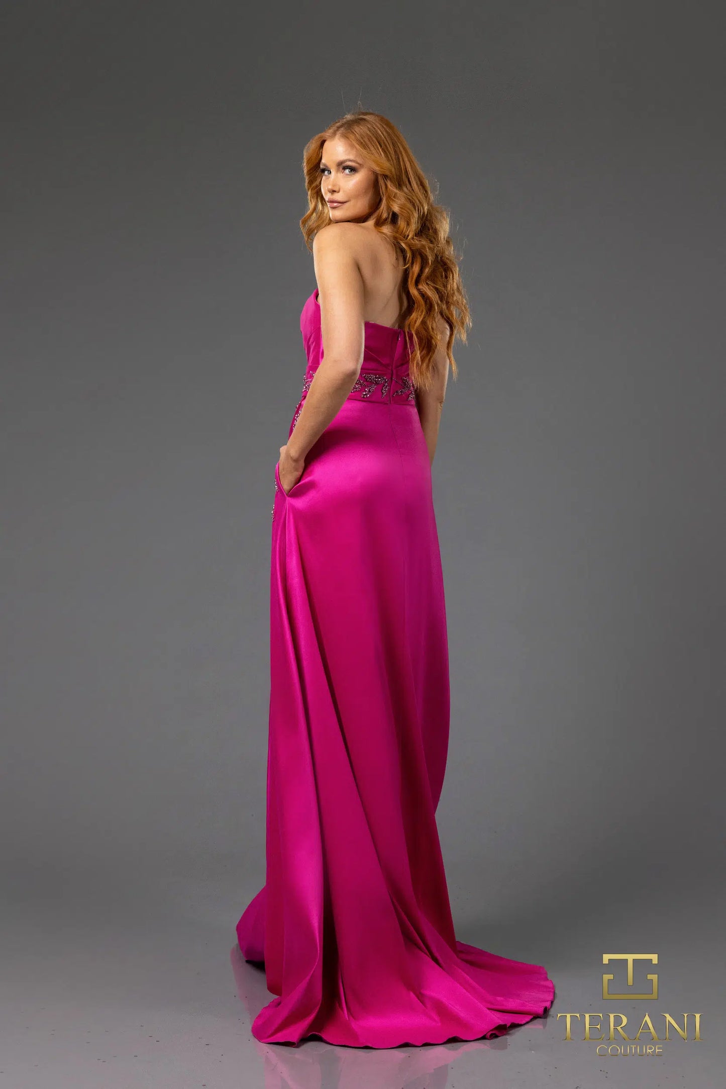 Terani Couture 251P4061 Stretch Mikado Front Slit Strapless A-Line Dress