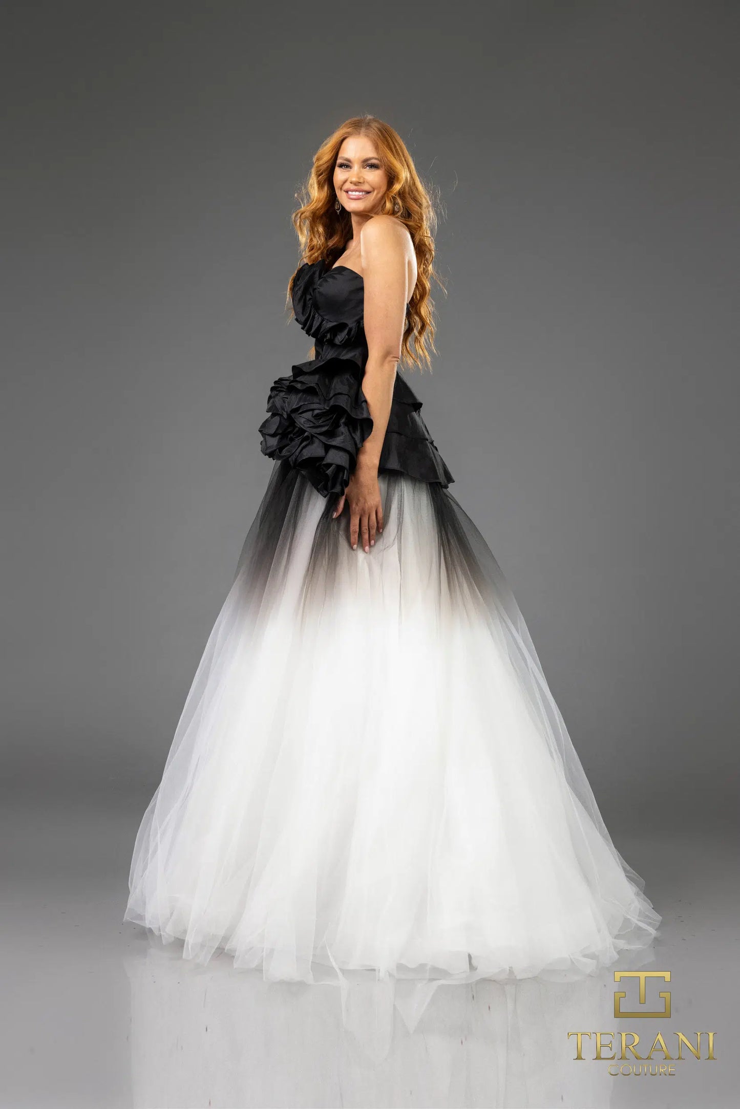 Terani Couture 251P4270 Asymmetric Strapless Tulle Ballgown Prom Dress