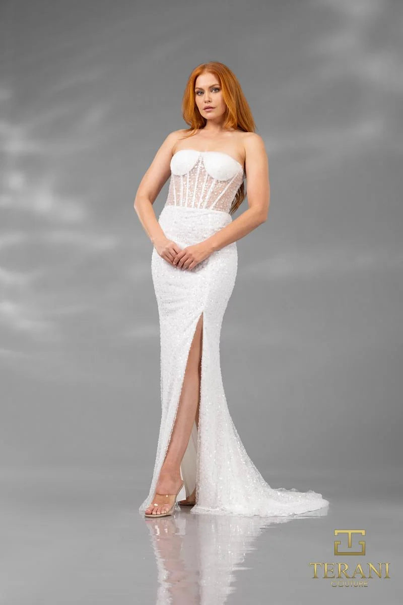 Terani Couture 251P4560 Bodycon Strapless Beaded Tulle Long Prom Dress