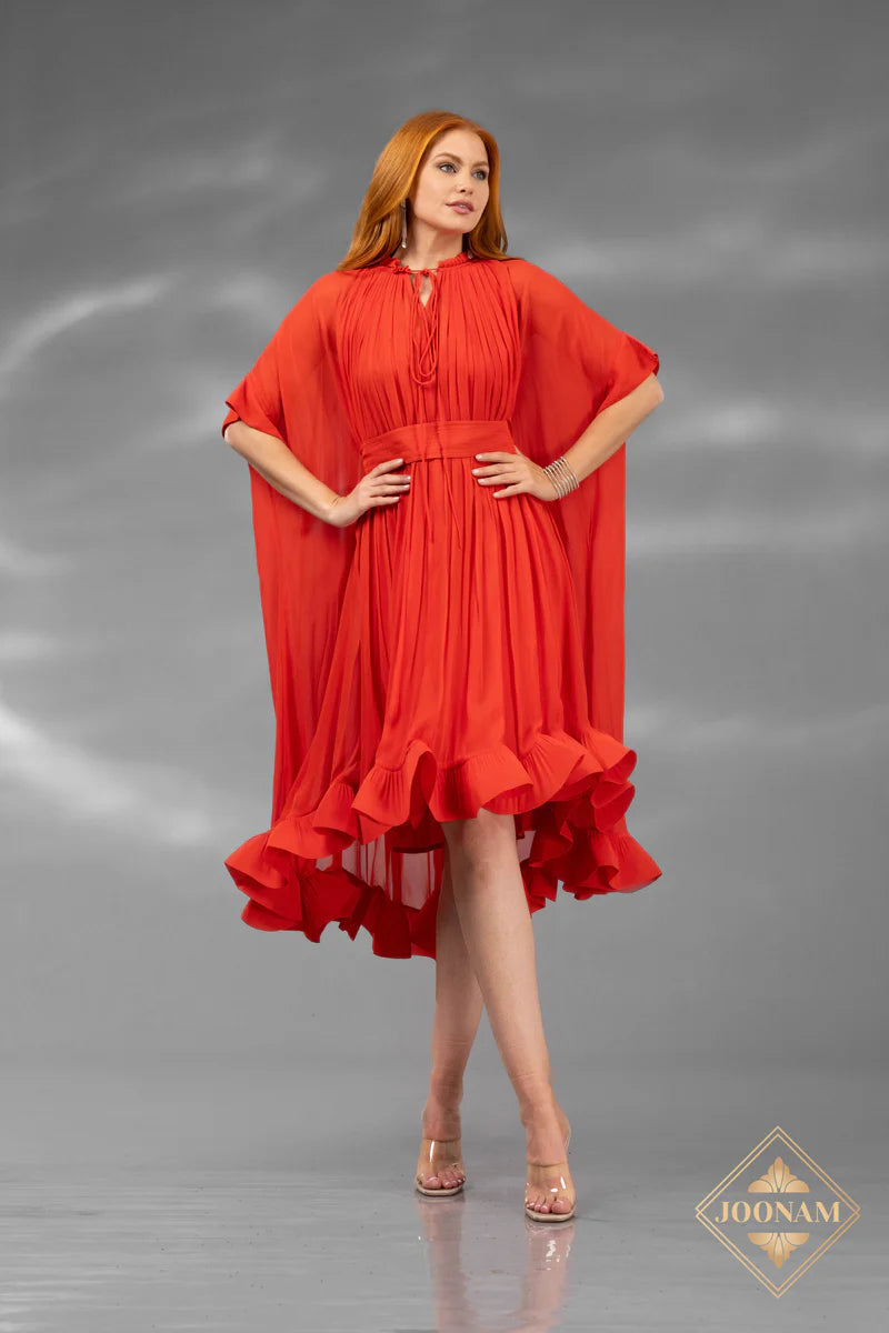 Terani Couture 251S4660 V-Neck Pleated Cotton Capelet High-Low Cocktail Dress