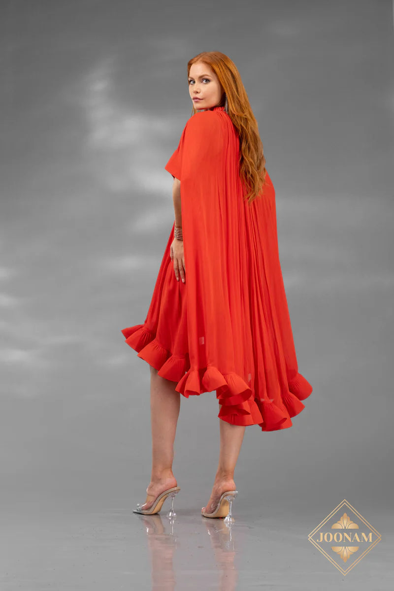 Terani Couture 251S4660 V-Neck Pleated Cotton Capelet High-Low Cocktail Dress